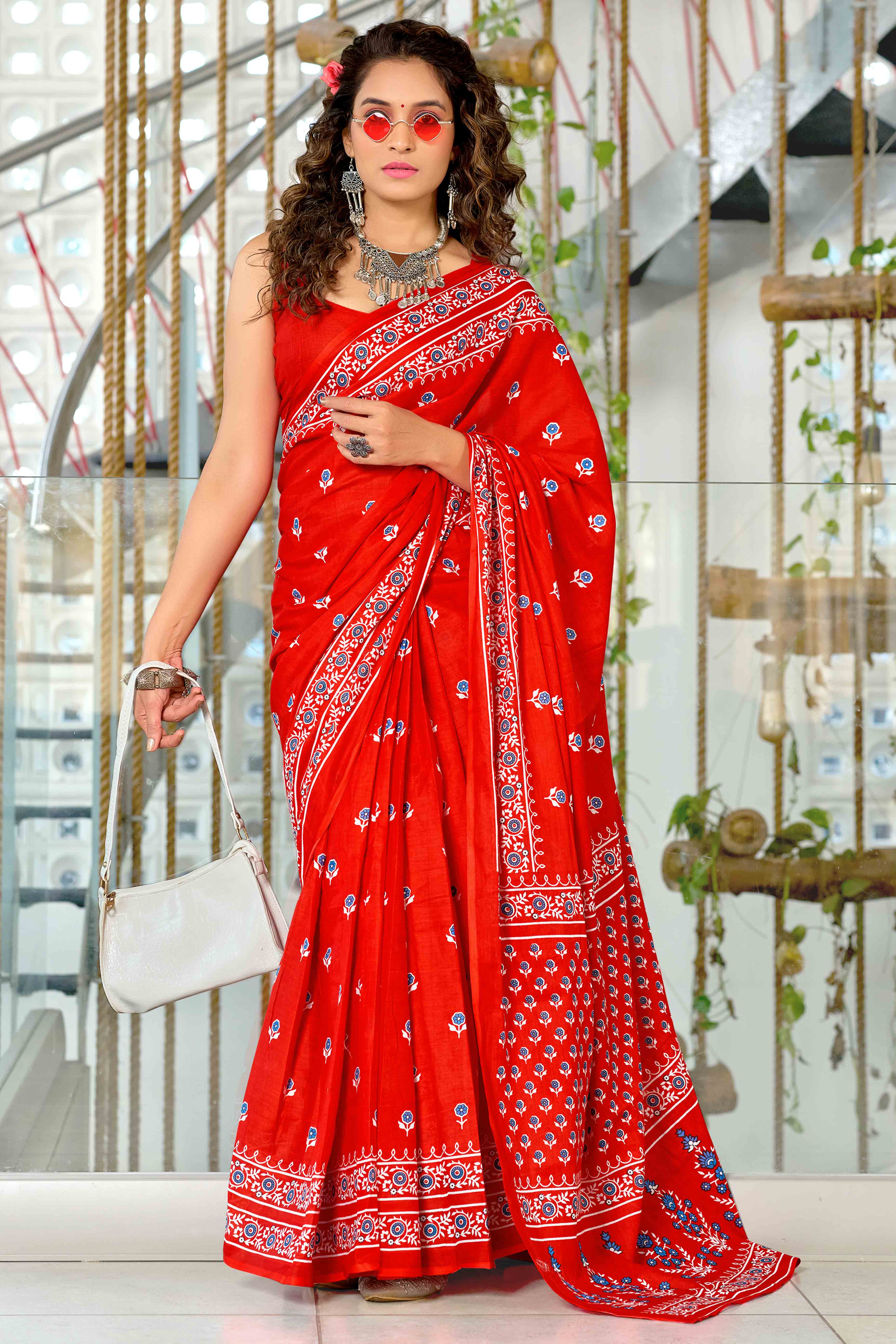 Bold Red Soft Cotton Saree with Delicate Floral Prints