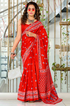 Bold Red Soft Cotton Saree with Delicate Floral Prints