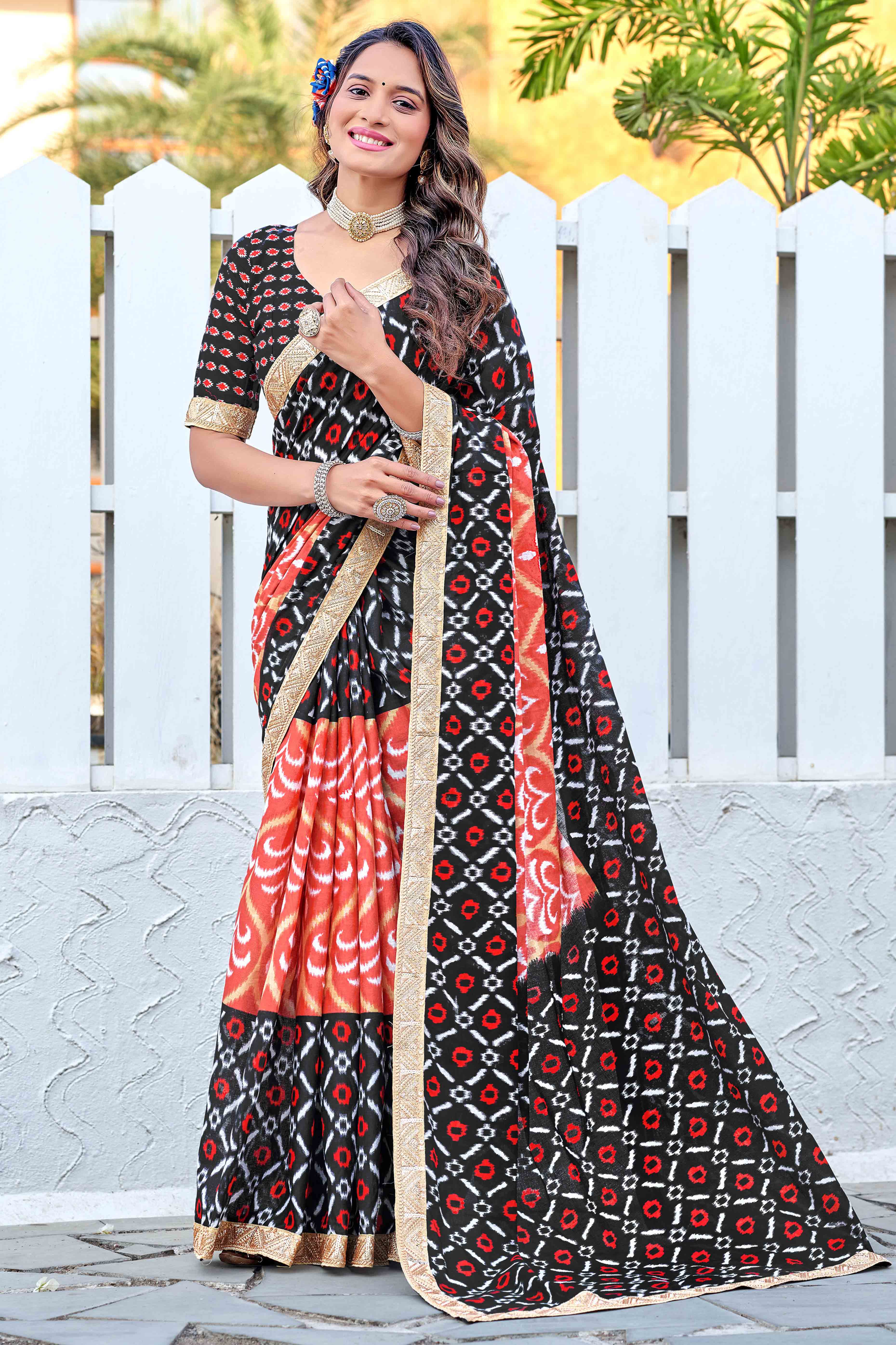 Black & Red Mulmul Cotton Saree with Ikkat Print and Embroidered Lace Border