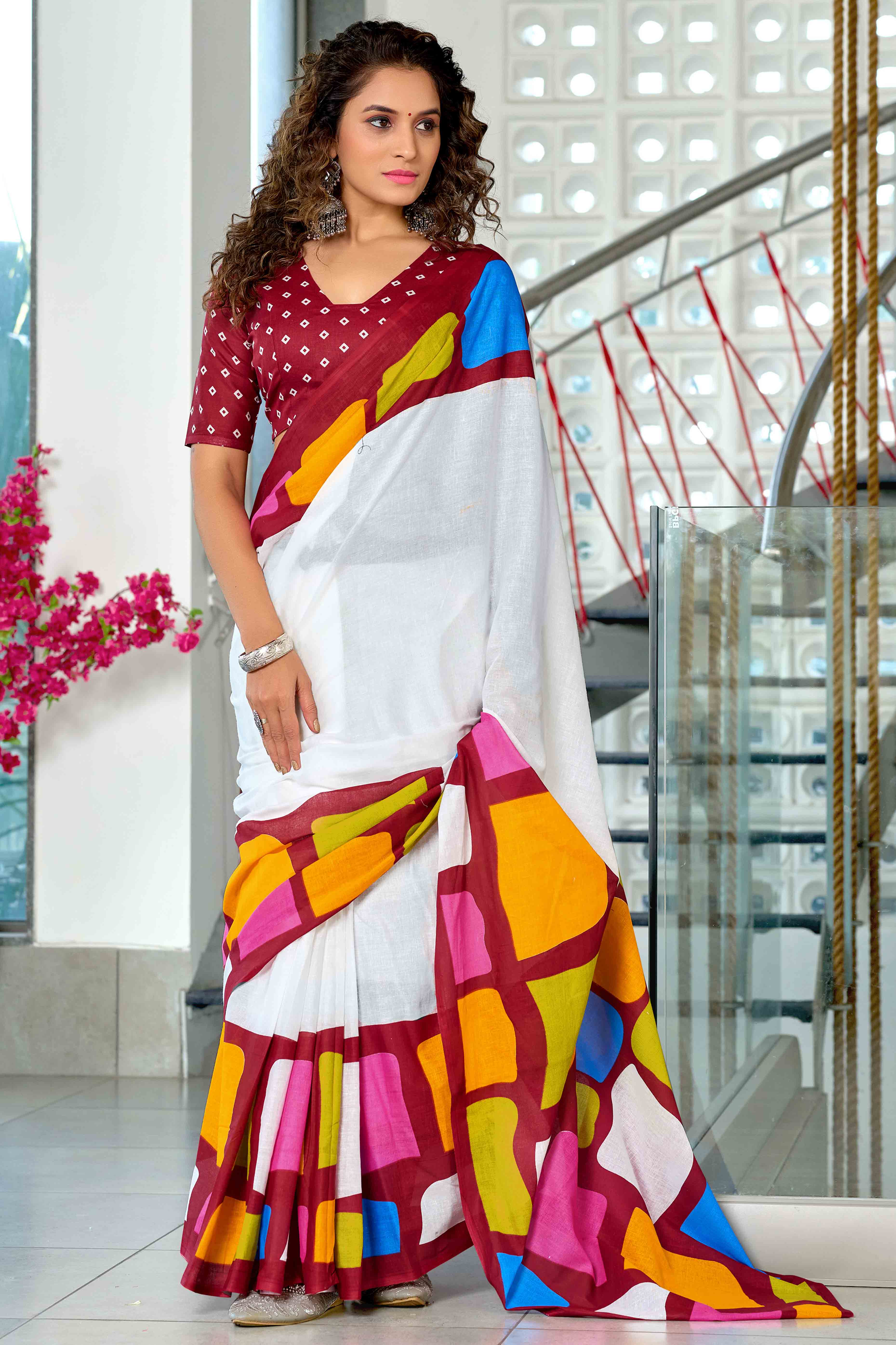 White Pure Cotton Saree with Traditional Bagru Block Print