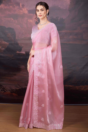 Baby Pink Organza Saree Enhanced with Elegant Sequins Embellishments