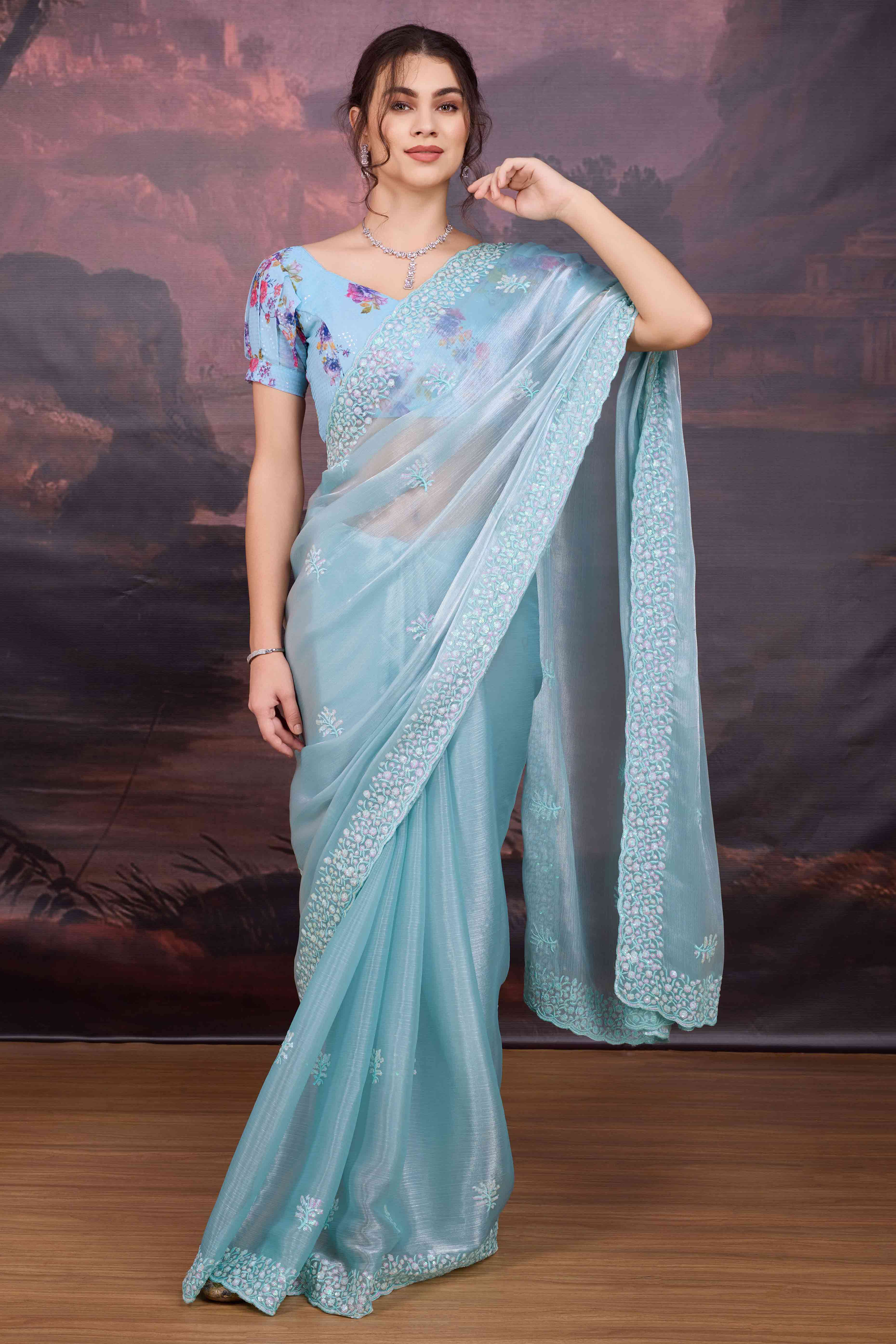 Sky Blue Organza Saree Enhanced with Elegant Sequins Embellishments