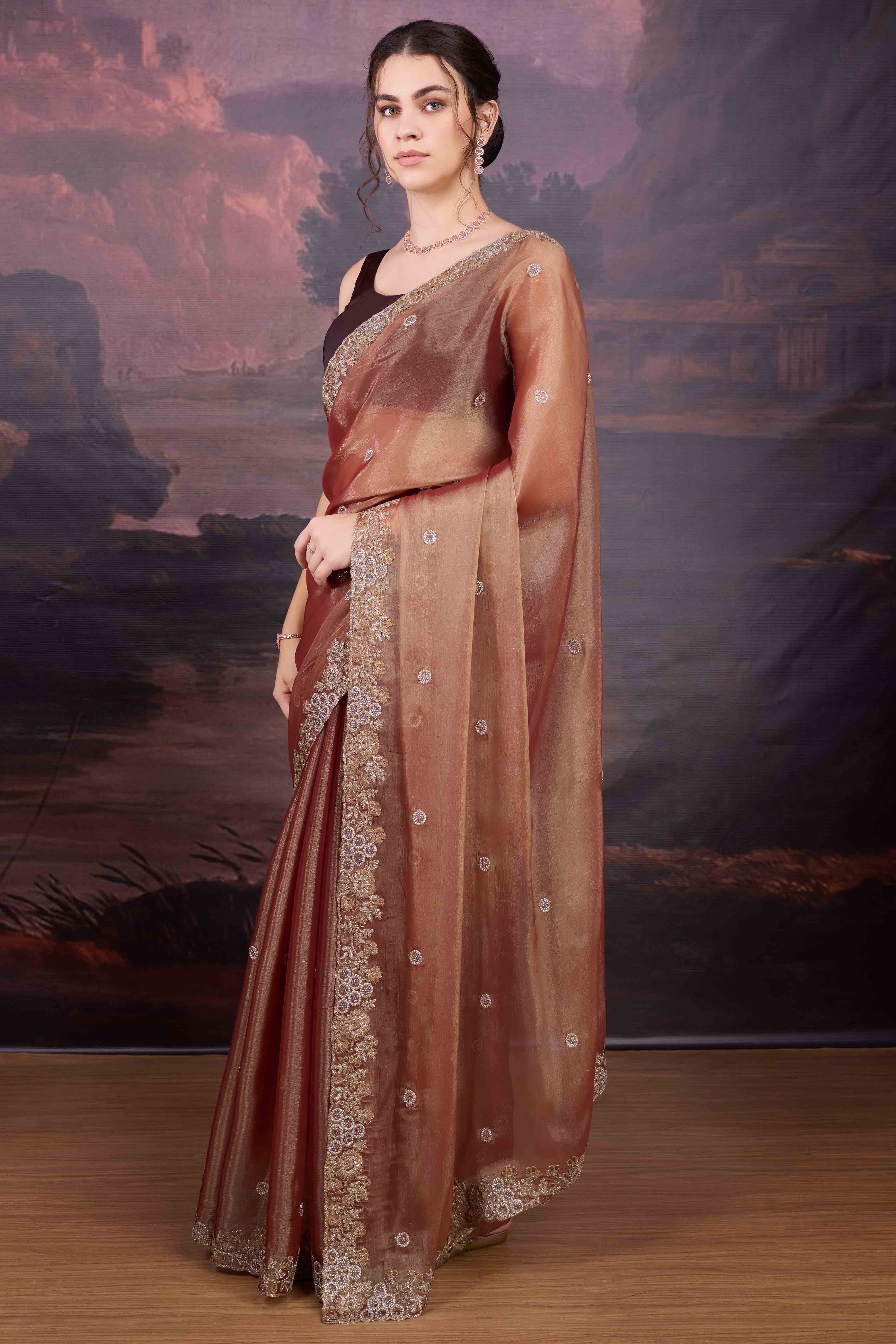 Elegant Rust Brown Organza Saree Embellished with Stone Embroidery
