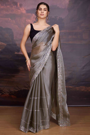Grey Organza Saree Enhanced with Elegant Sequins Embellishments