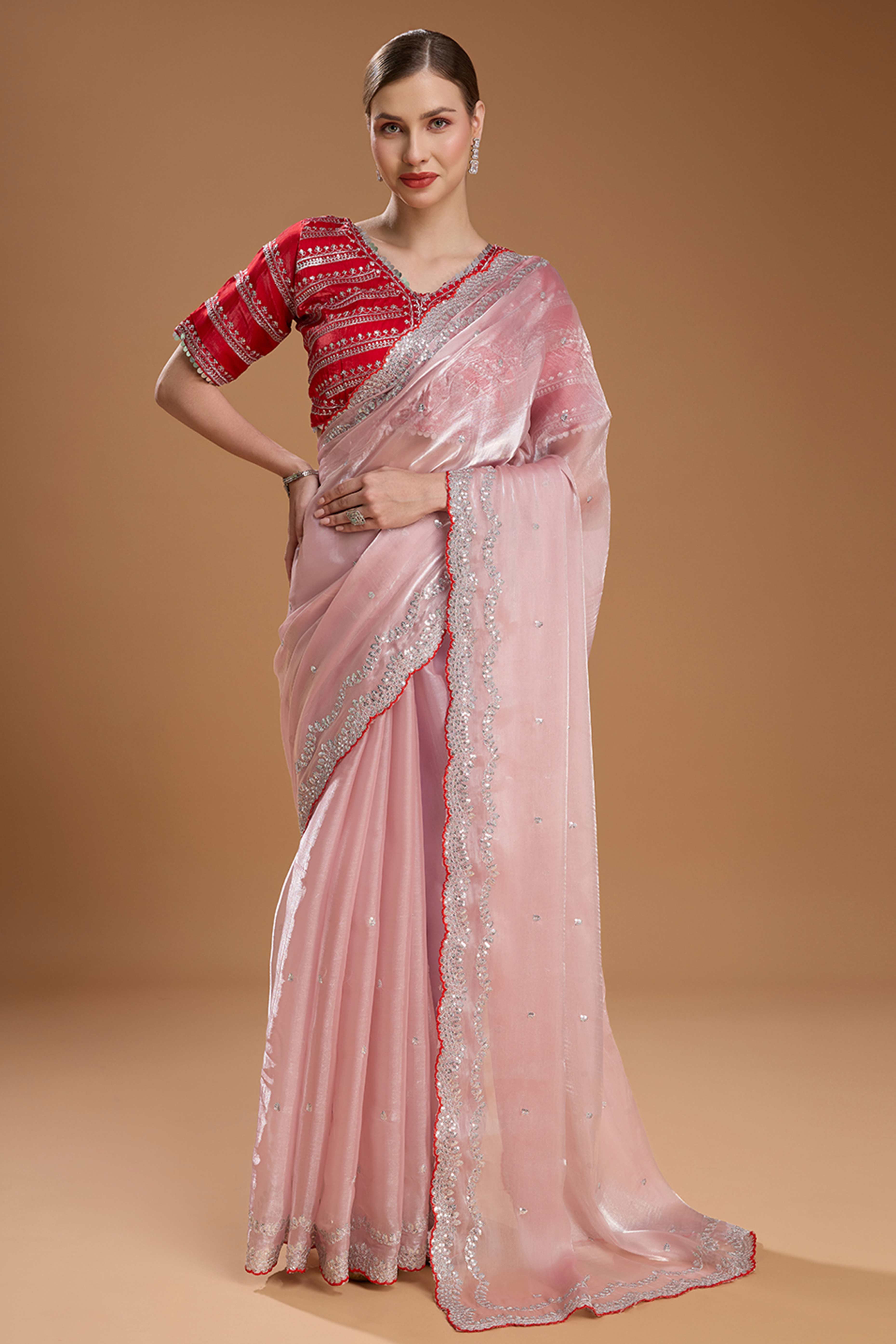 Light Peach Embroidered Saree in Organza with Sequins Accents