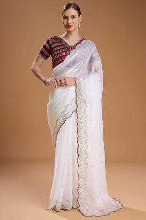 White Embroidered Saree in Organza with Sequins Accents