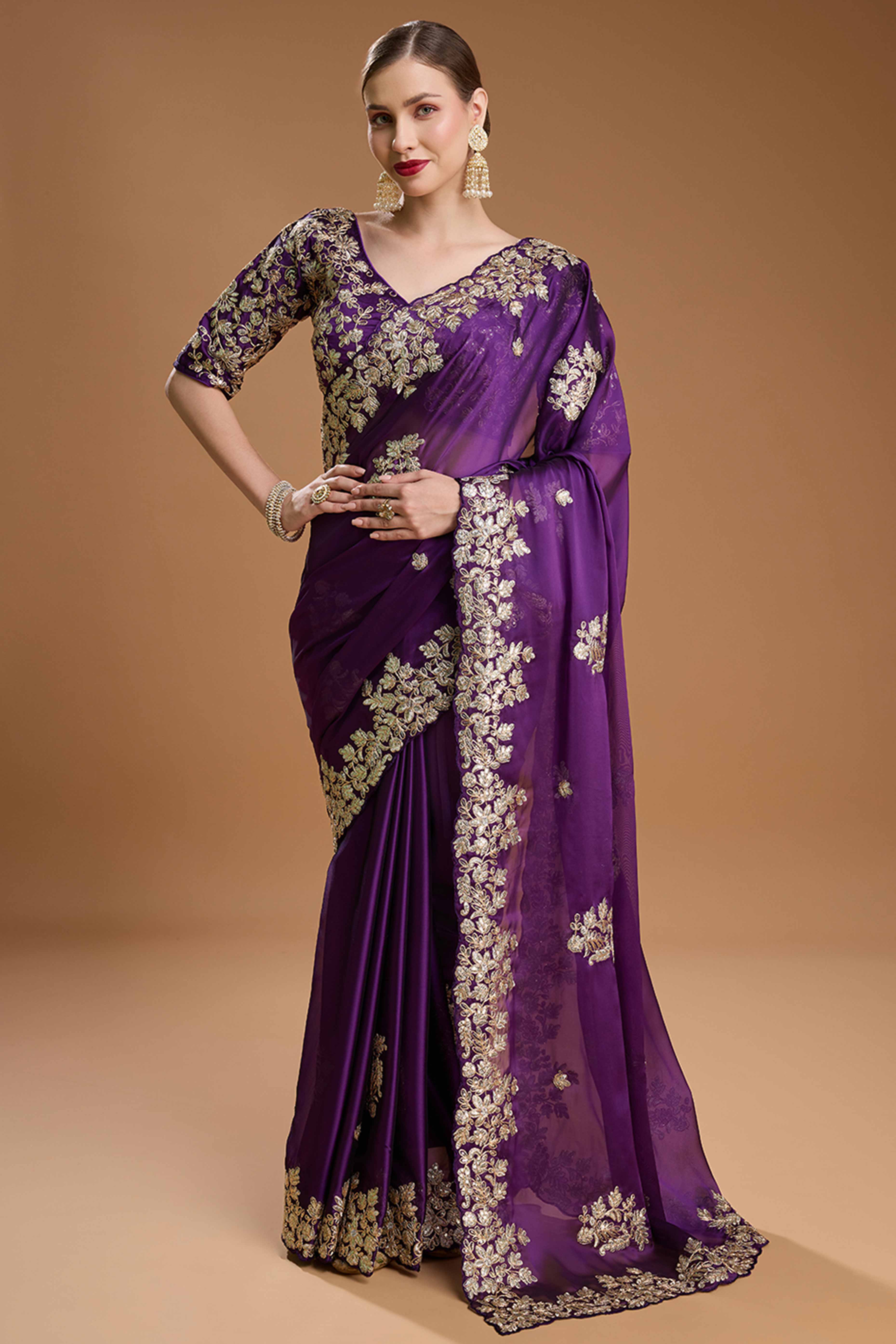 Dark Purple Organza Saree Enhanced with Elegant Sequins Embellishments