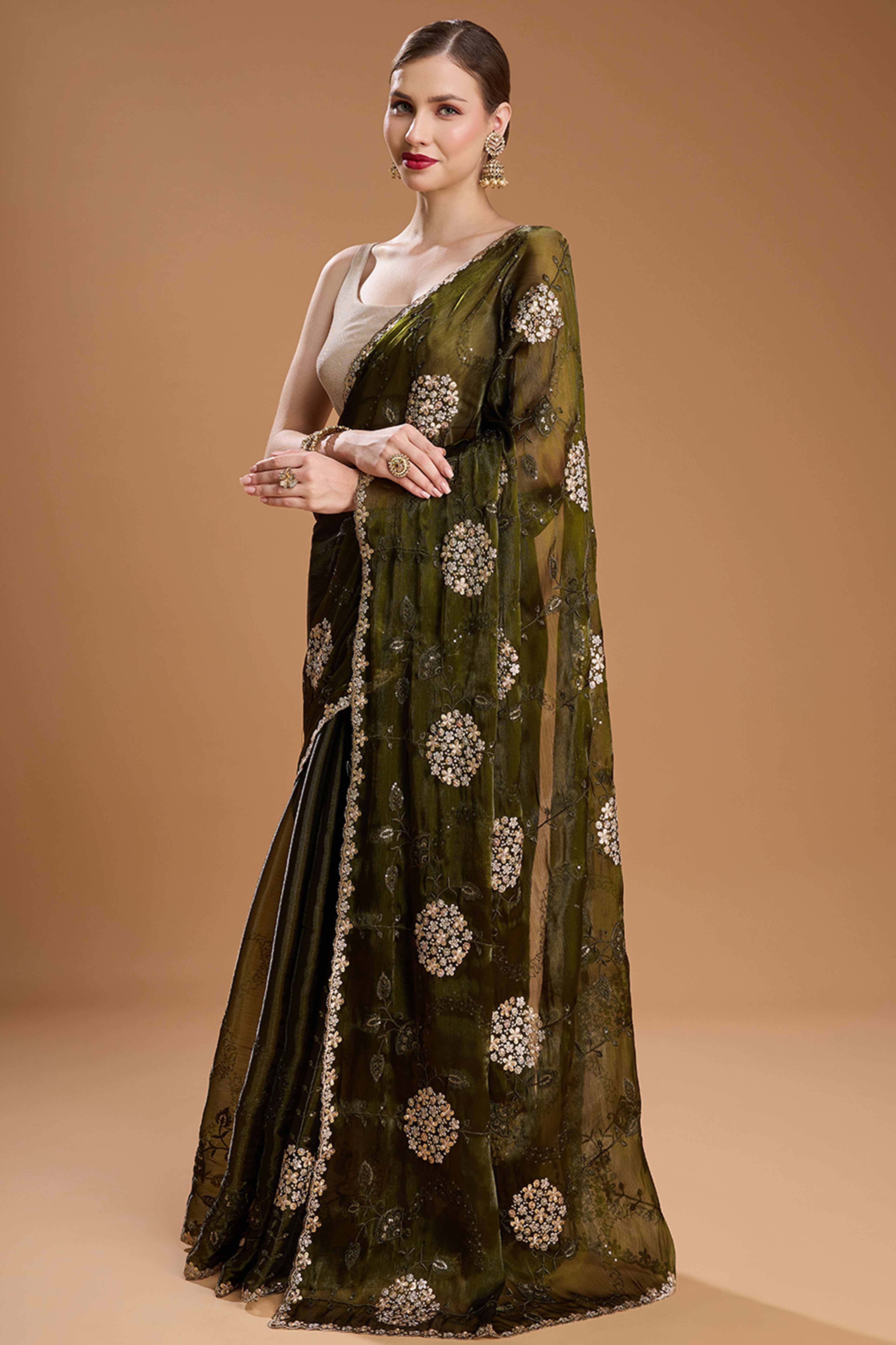 Mehandi Green Floral Design Organza Saree with Glittering Sequins Embroidery