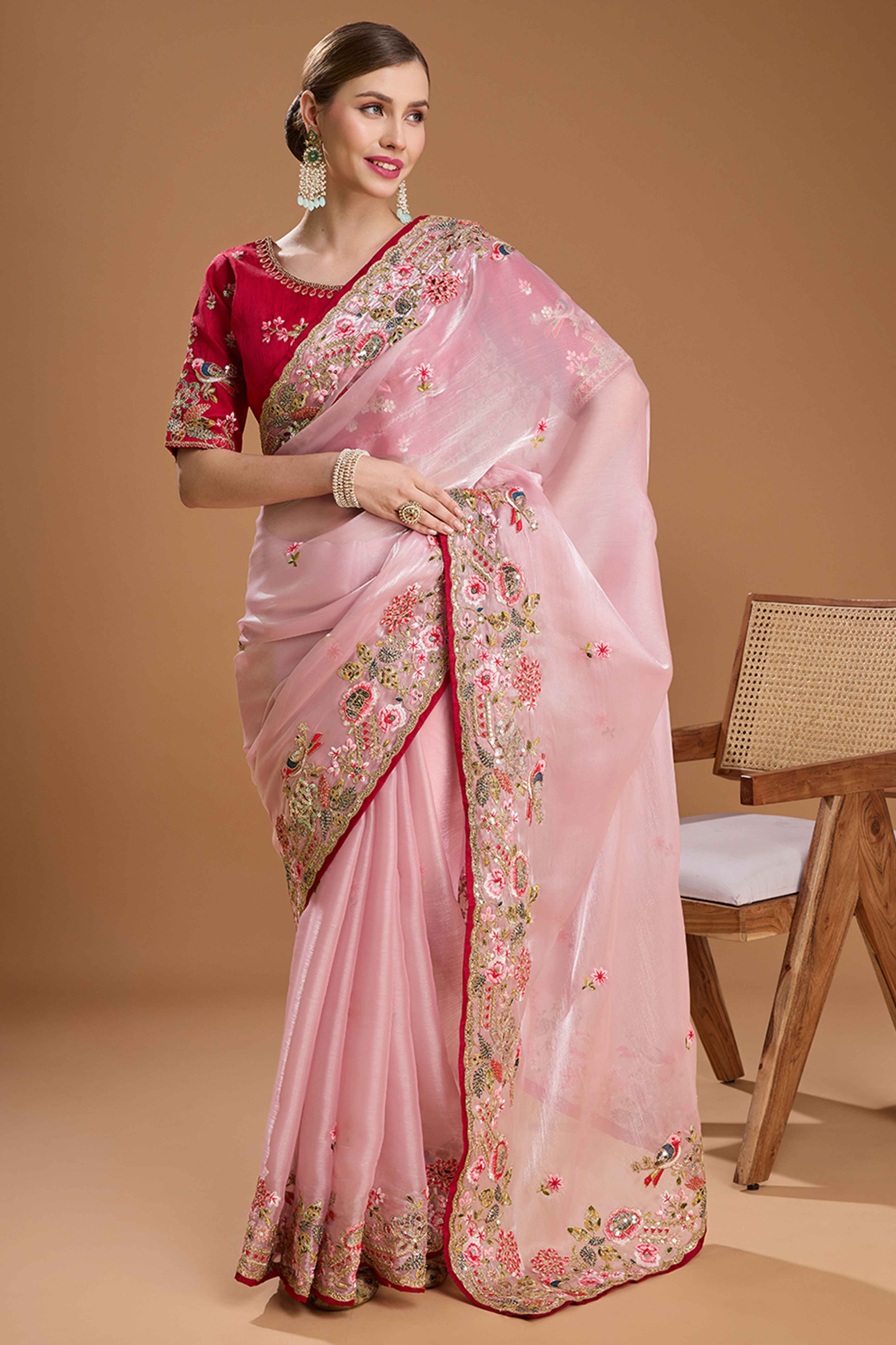 Light Peach Floral Design Organza Saree with Glittering Sequins Embroidery