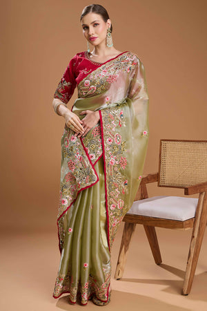 Green Floral Design Organza Saree with Glittering Sequins Embroidery