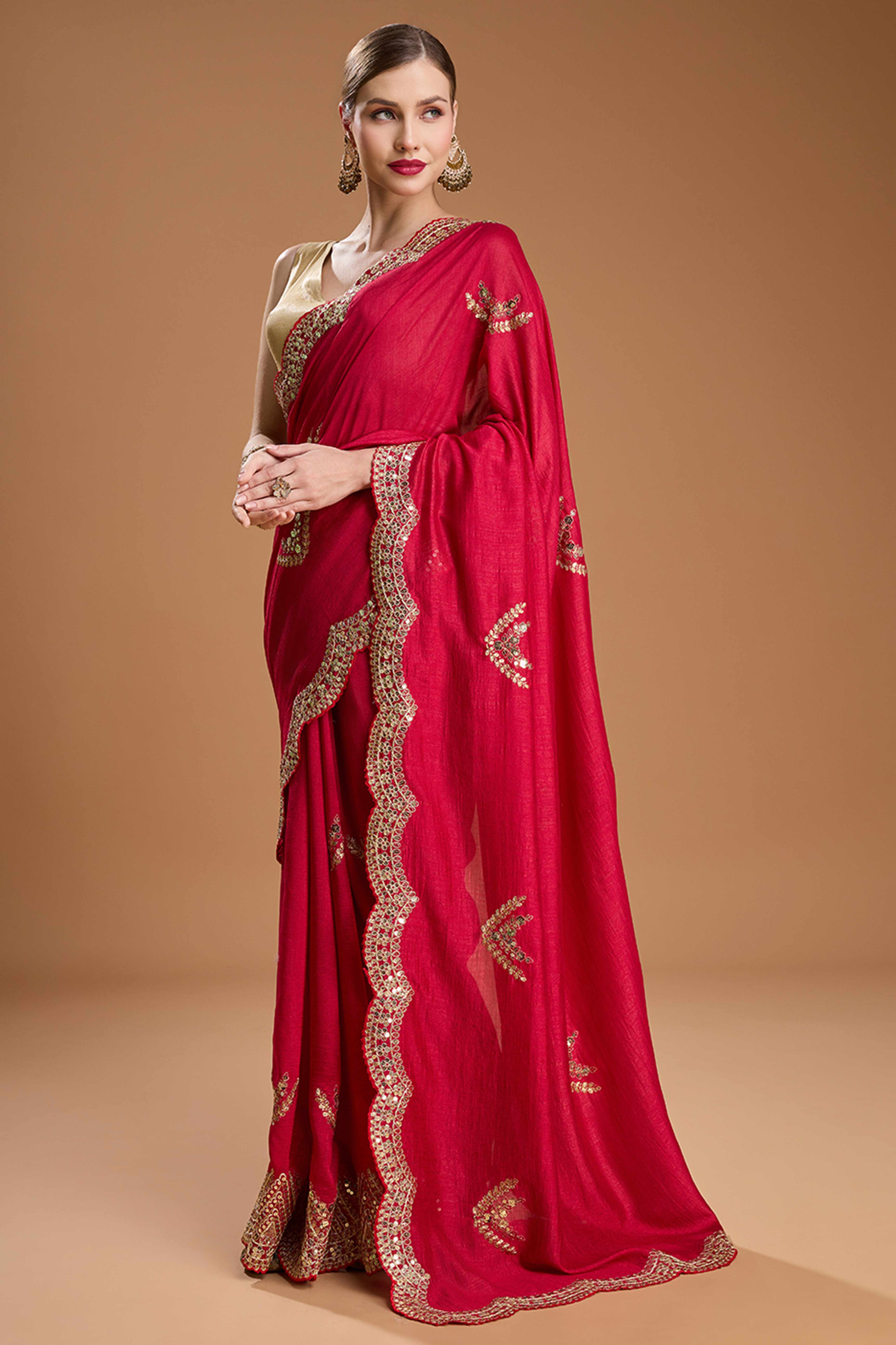 Cherry Red Embroidered Saree in Chiffon with Sequins Accents