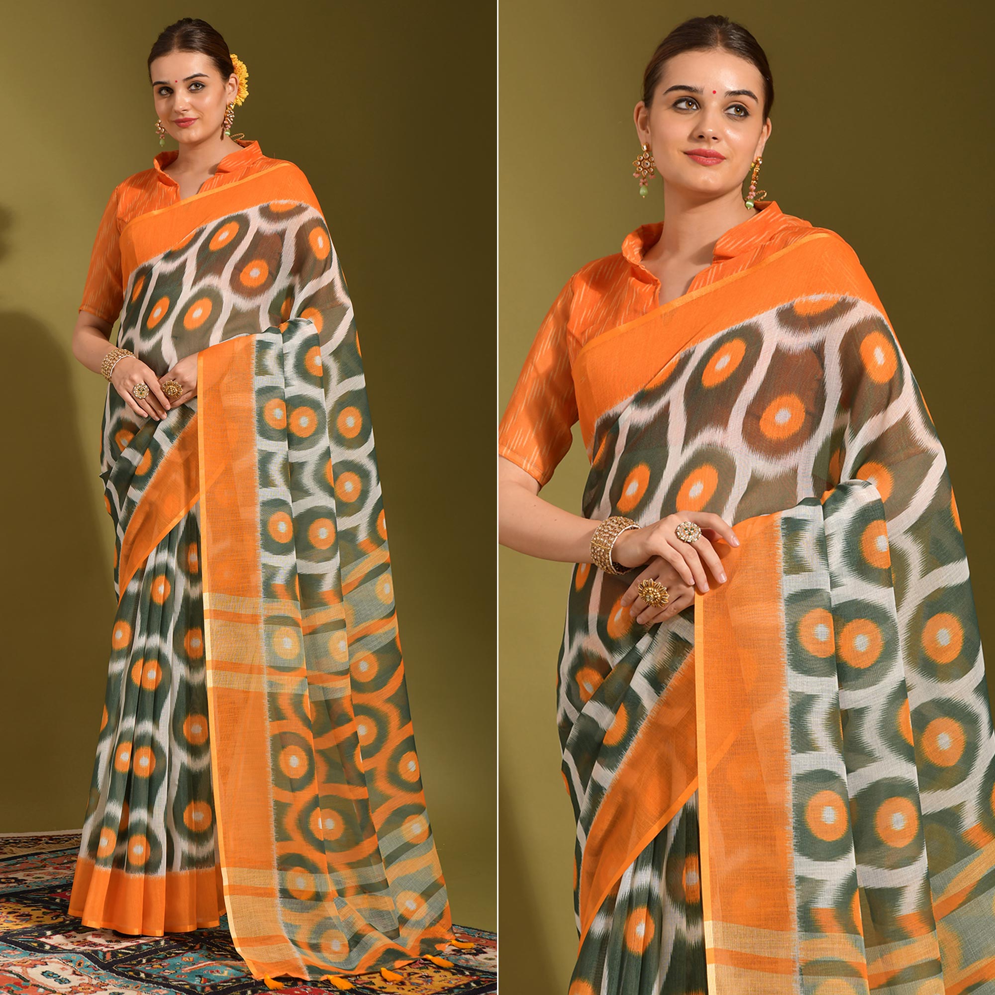 Orange Geometric Digital Printed Linen Saree With Tassels