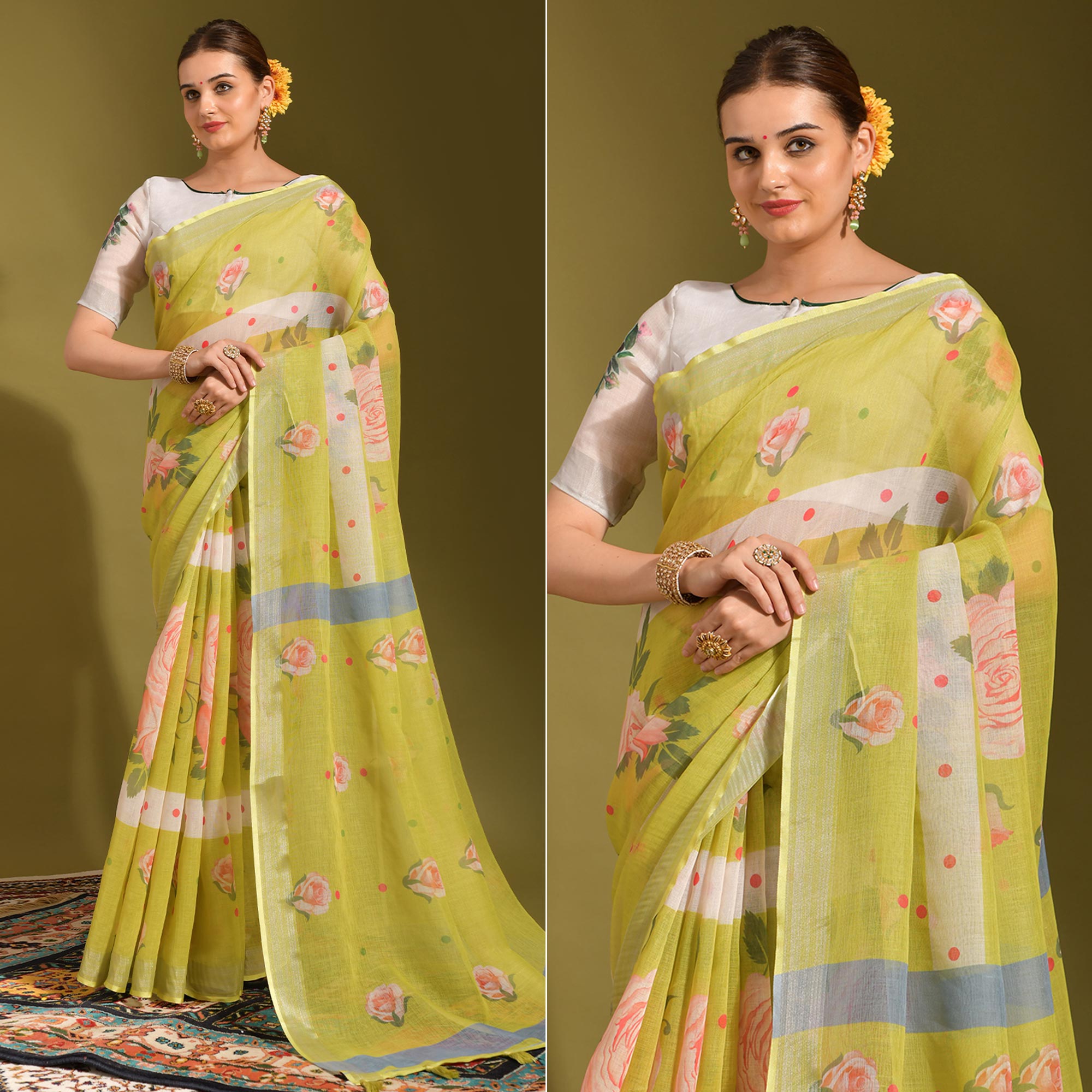 Green Floral Digital Printed Linen Saree With Tassels