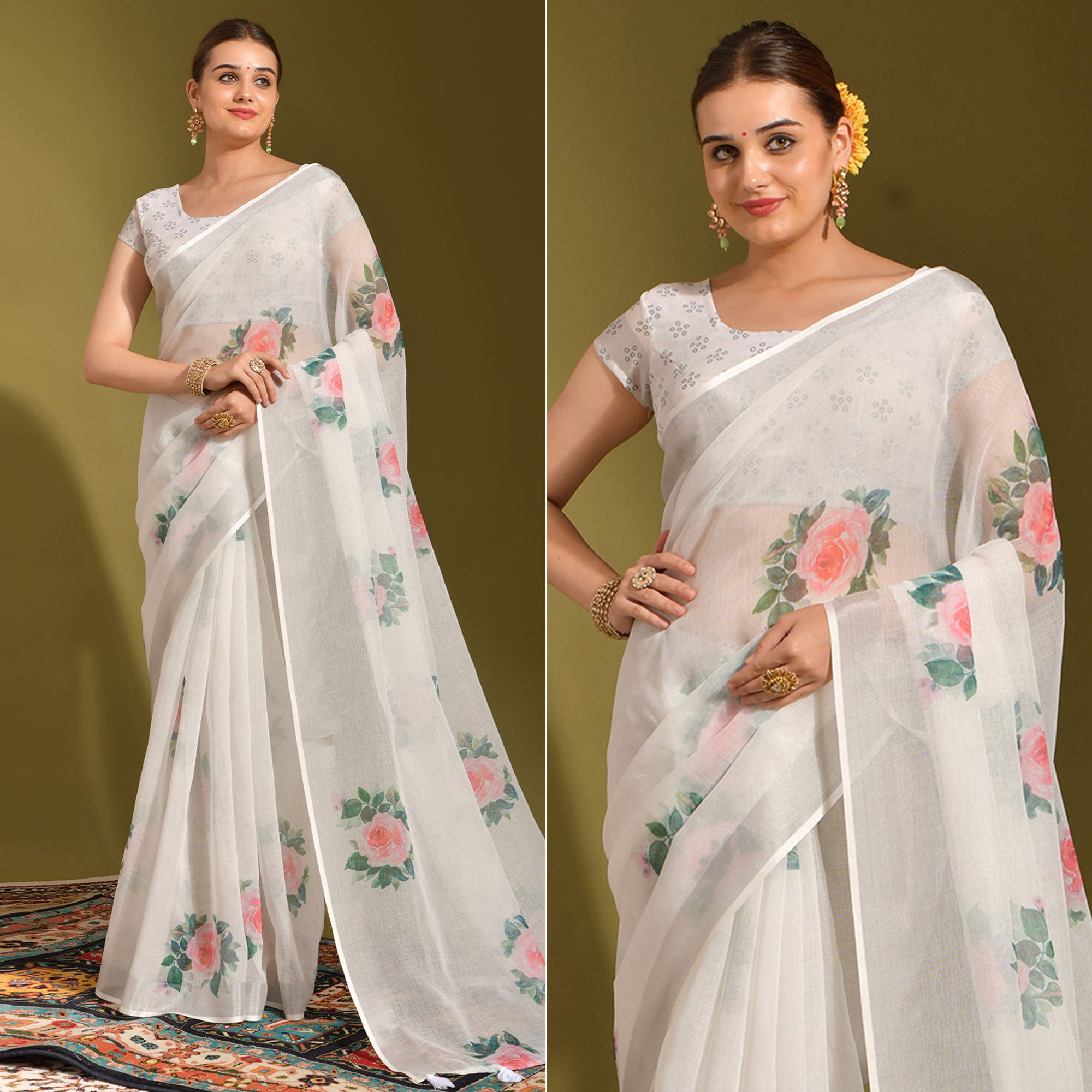 White Floral Digital Printed Linen Saree With Tassels