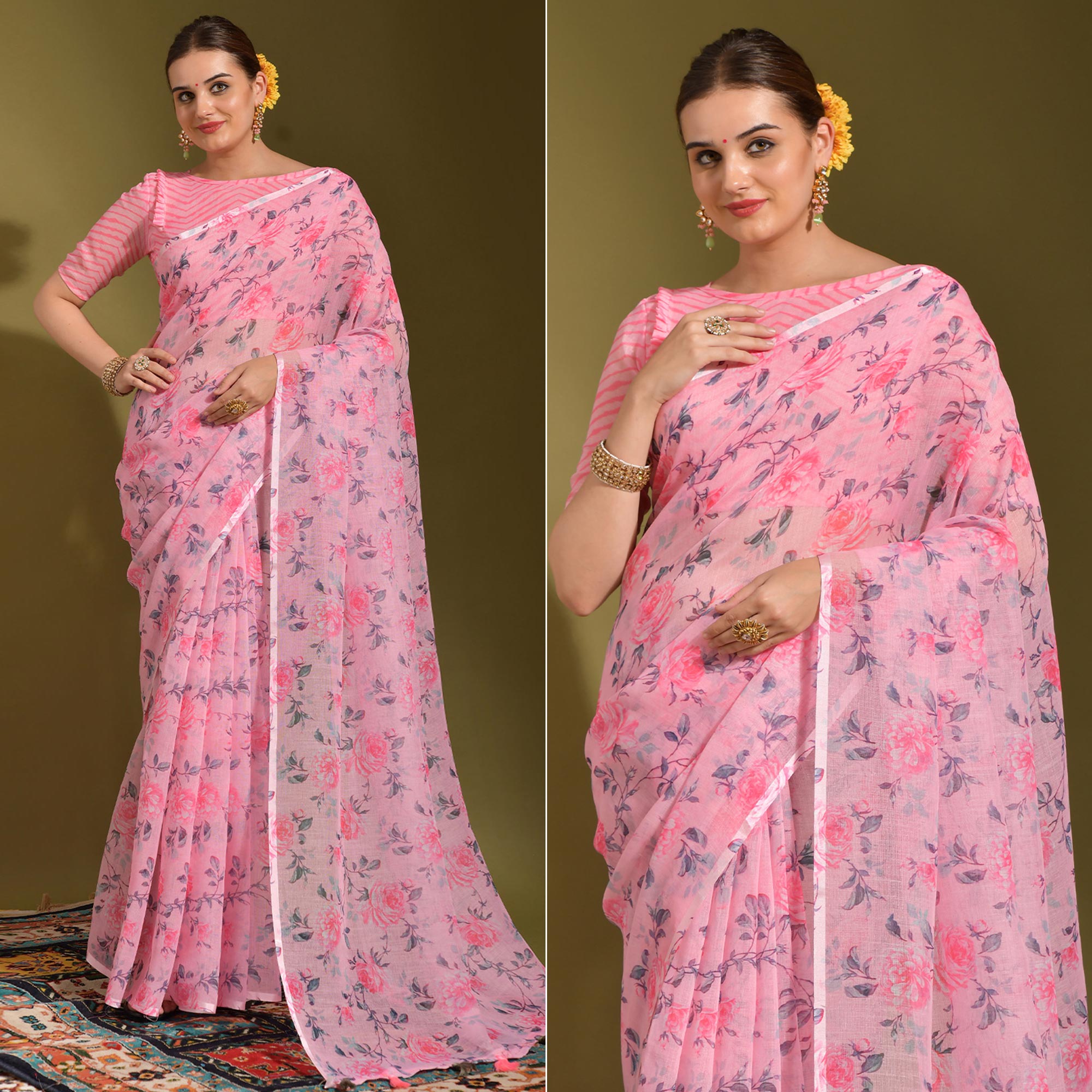 Pink Floral Digital Printed Linen Saree With Tassels