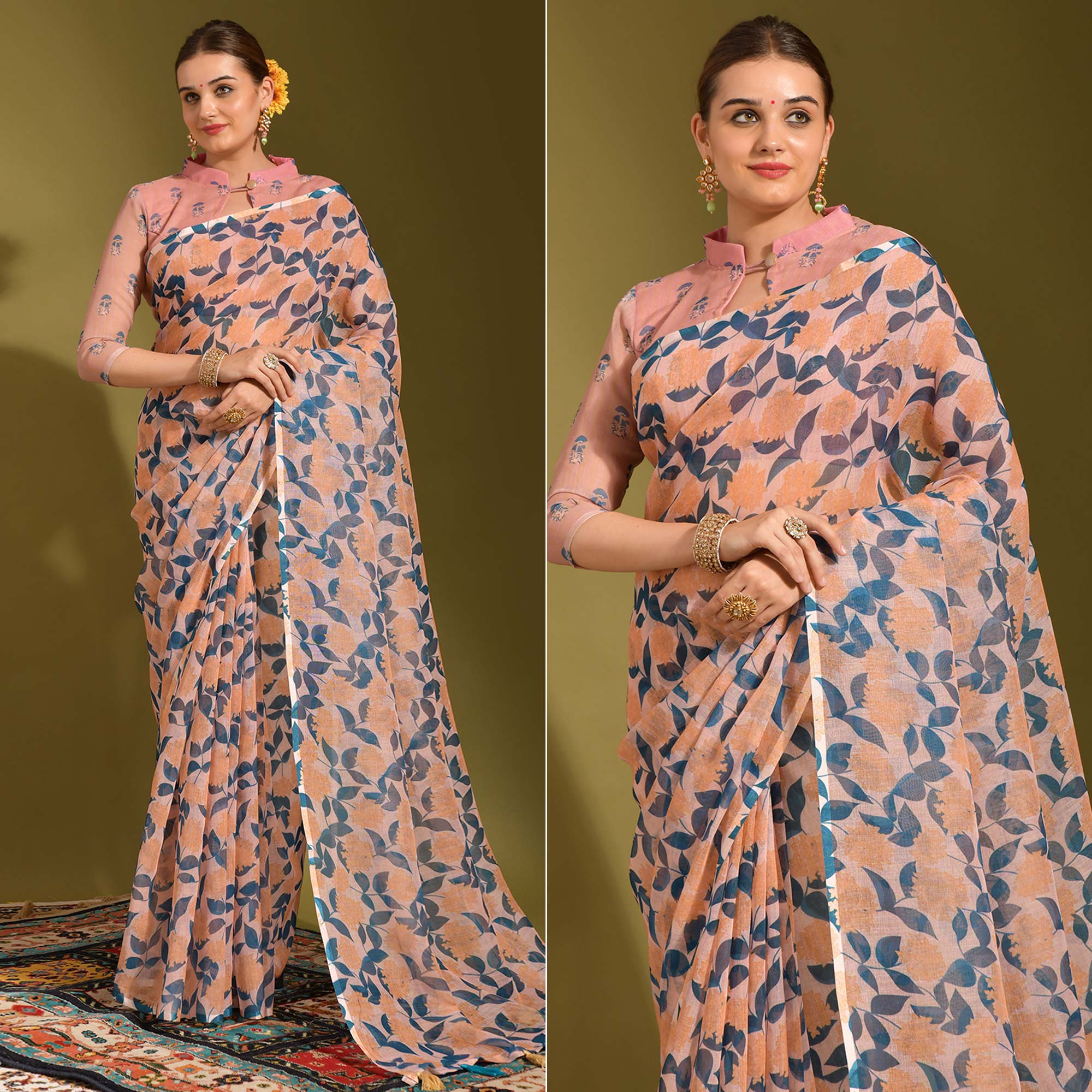 Peach Floral Digital Printed Linen Saree With Tassels