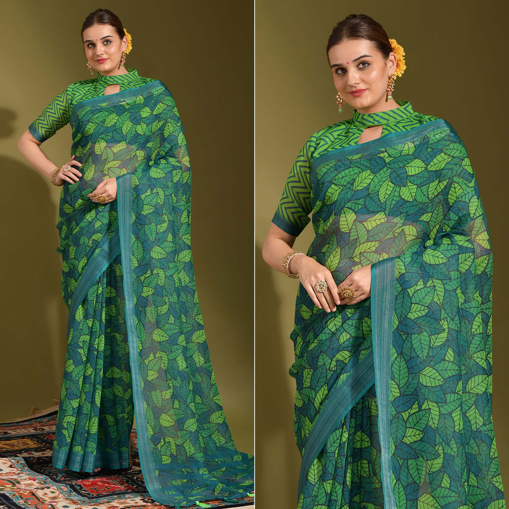 Green Digital Printed Linen Saree With Tassels