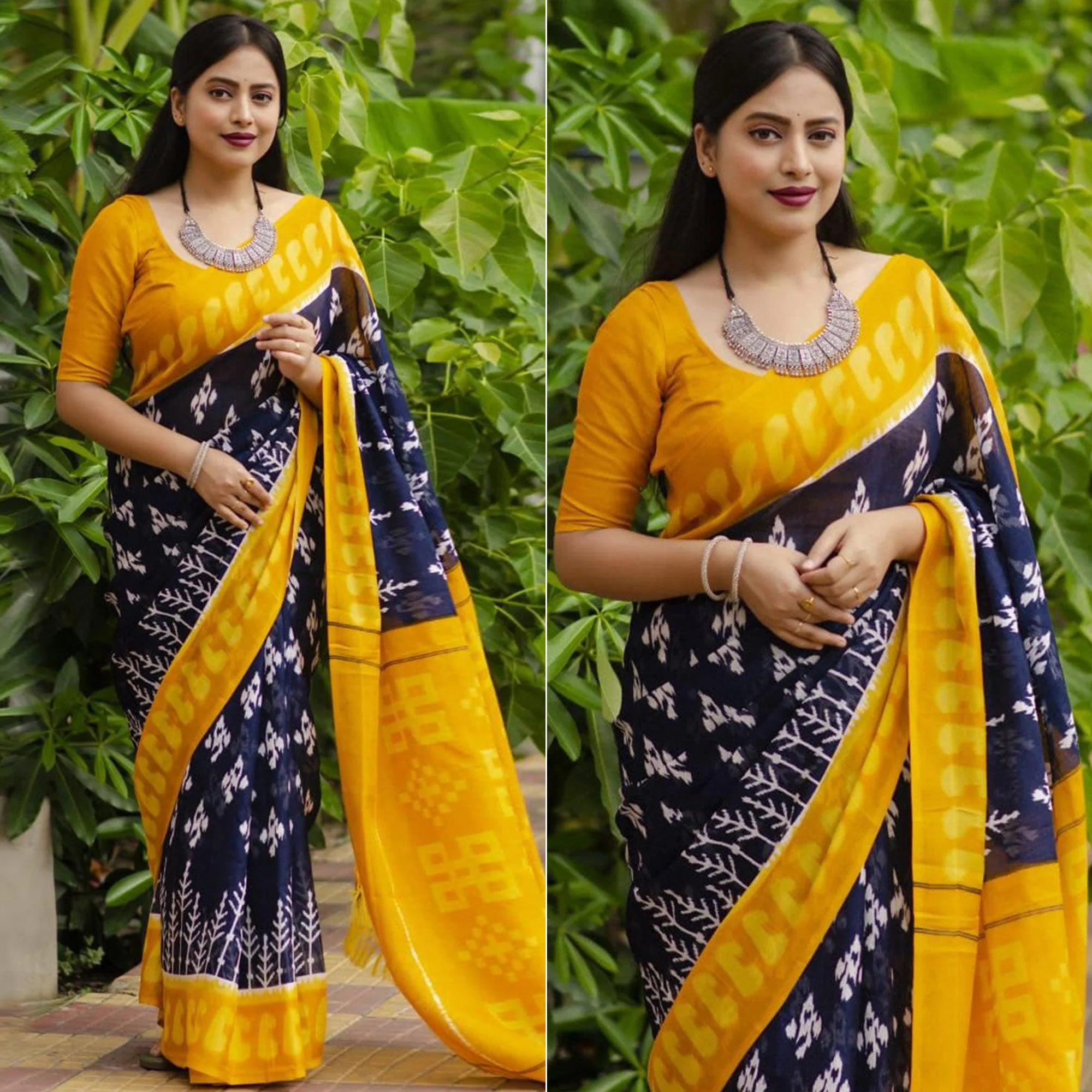 Navy Blue Digital Printed Linen Saree With Tassels