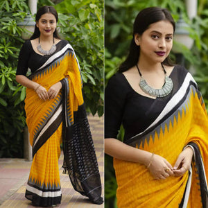 Yellow Digital Printed Linen Saree With Tassels