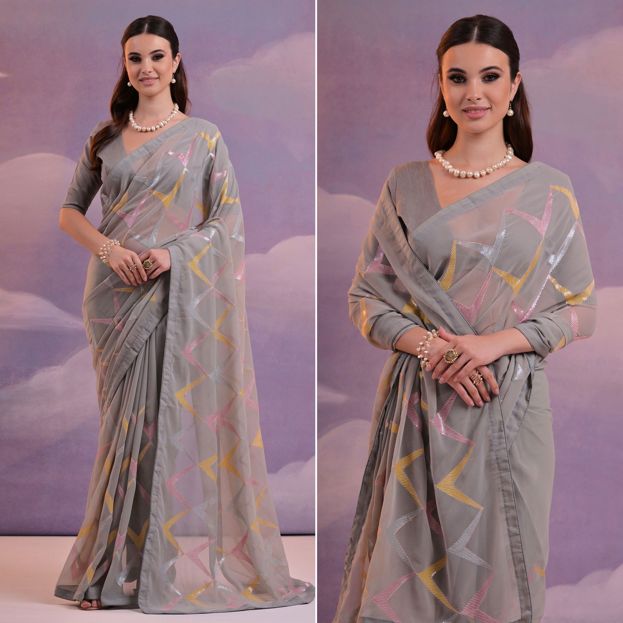 Grey Sequins Embroidered Georgette Saree