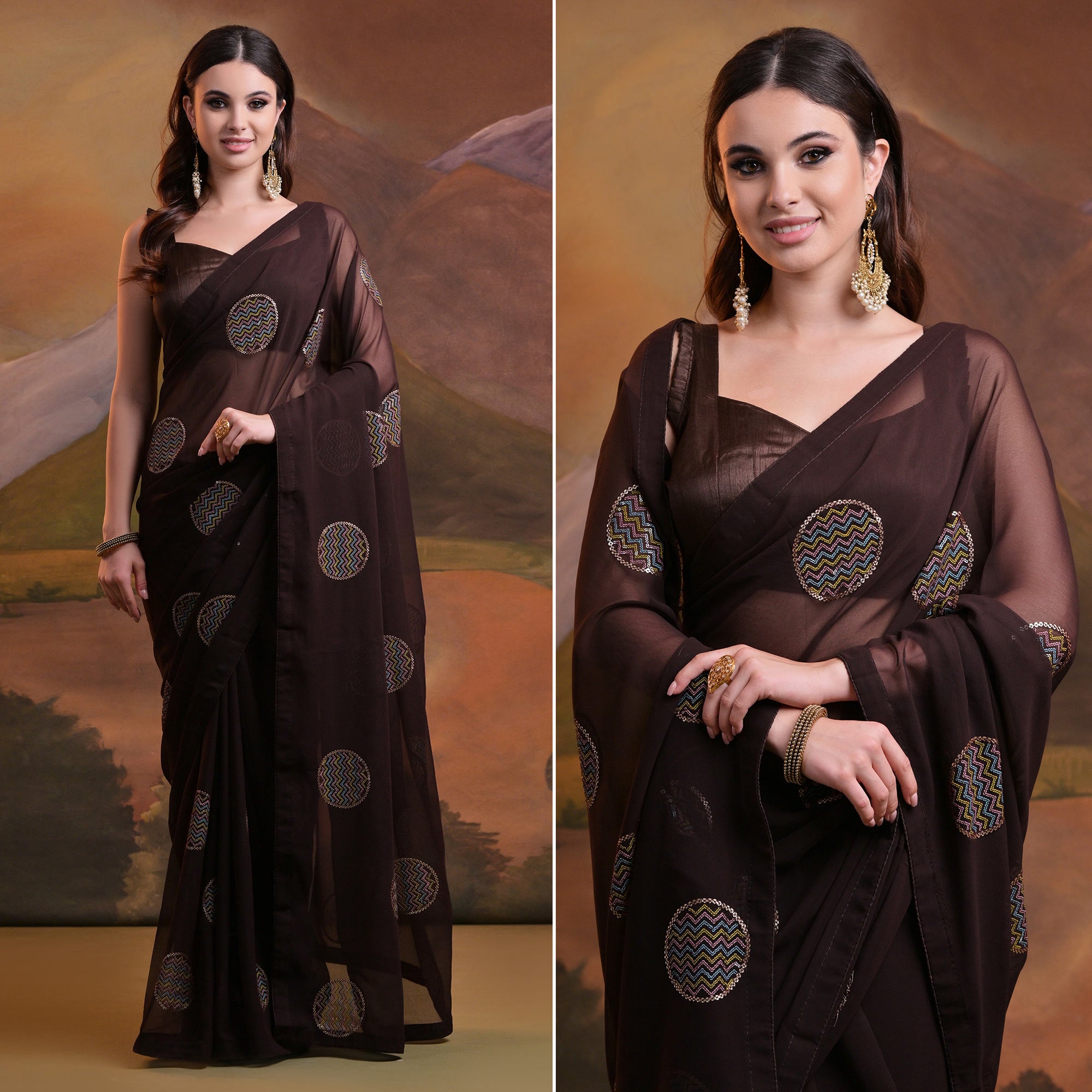 Dark Brown Sequins Embroidered Georgette Saree