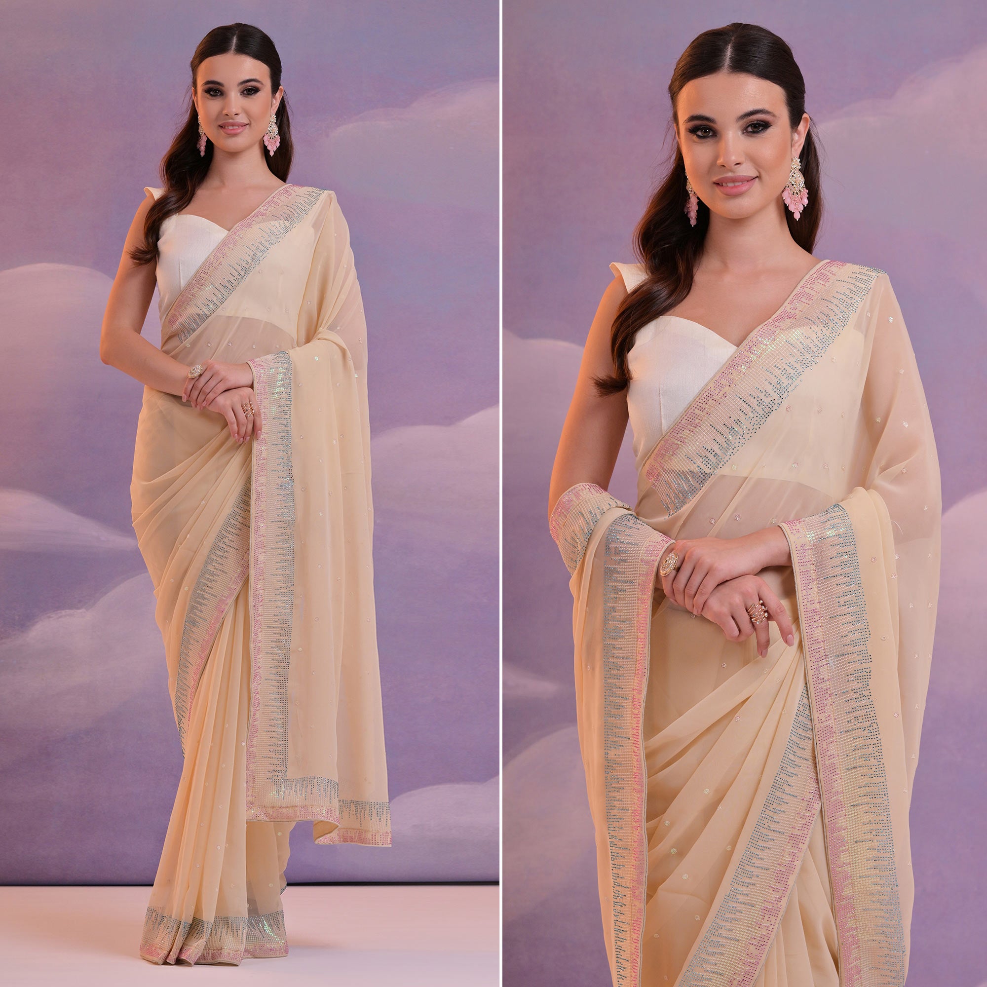 Cream Swarovski With Sequins Work Georgette Saree