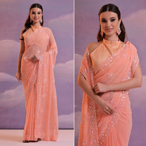 Peach Floral Sequins Embroidered Saree