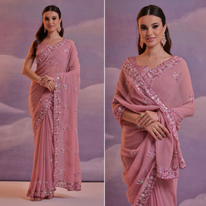 Mauve Floral Sequins Embroidered Saree