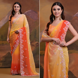 Yellow & Orange Floral Sequins Embroidered Georgette Saree