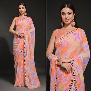 Peach Printed Georgette Saree With Embroidered Lace