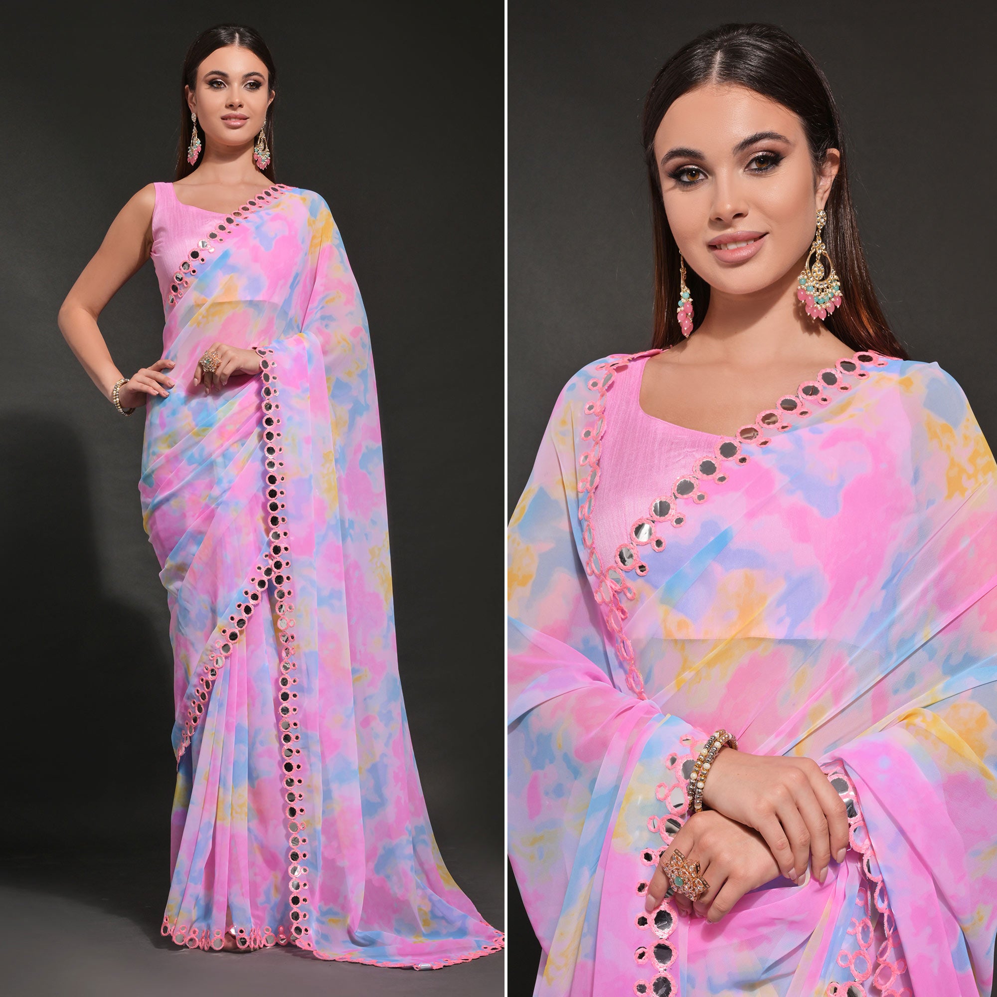 Pink Printed Georgette Saree With Embroidered Saree