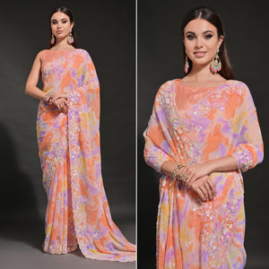 Light Orange Sequins Embroidered With Printed Georgette Saree