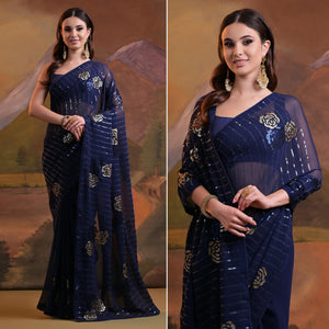 Blue Floral Sequins Embroidered Georgette Saree