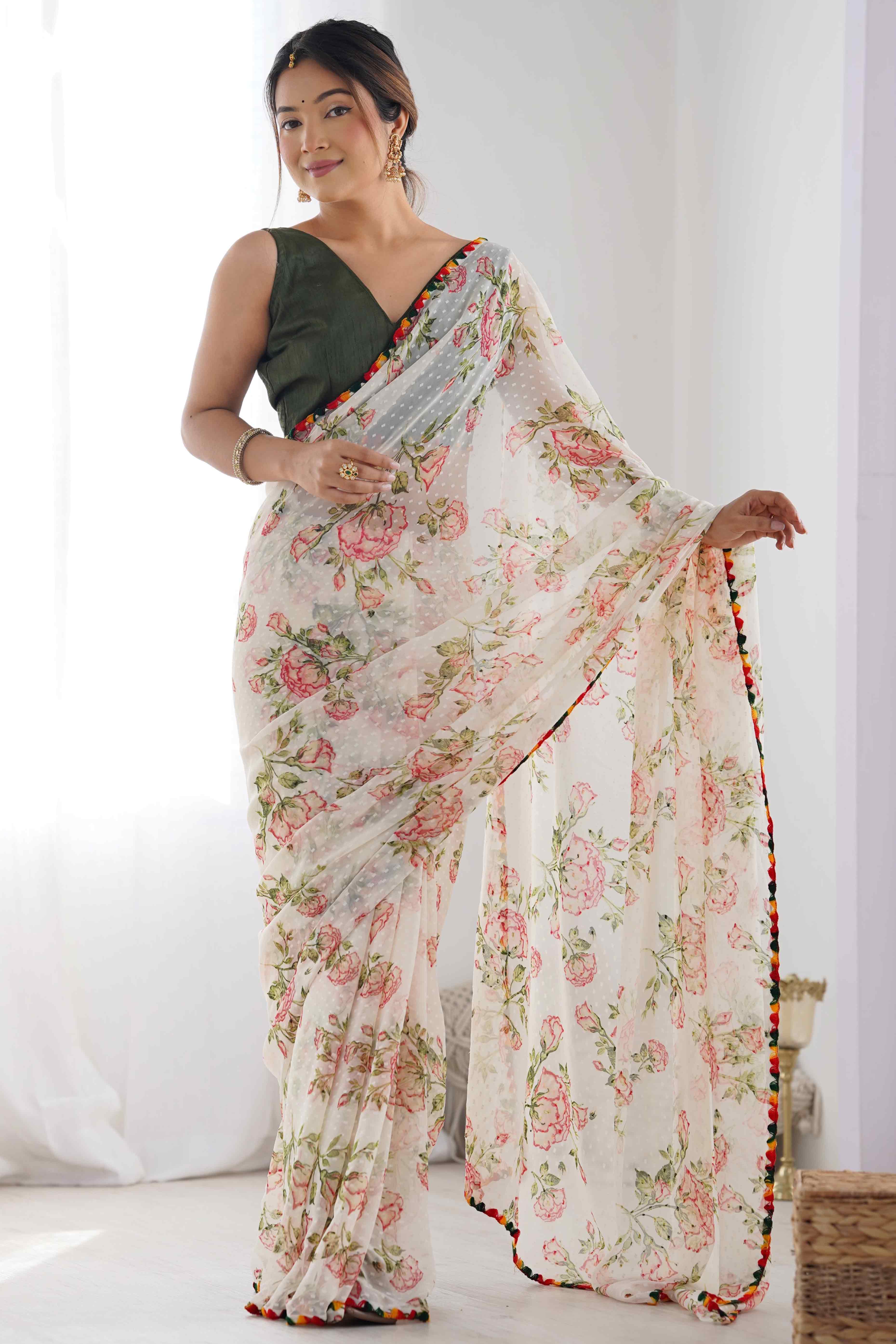 Off White Floral Printed Georgette Saree