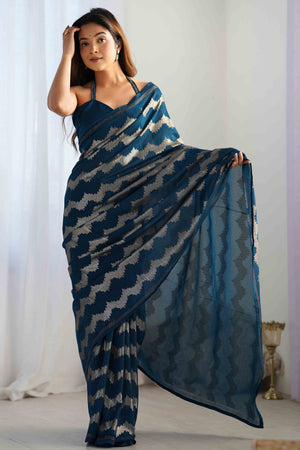 Teal Sequins Embroidered Georgette Saree