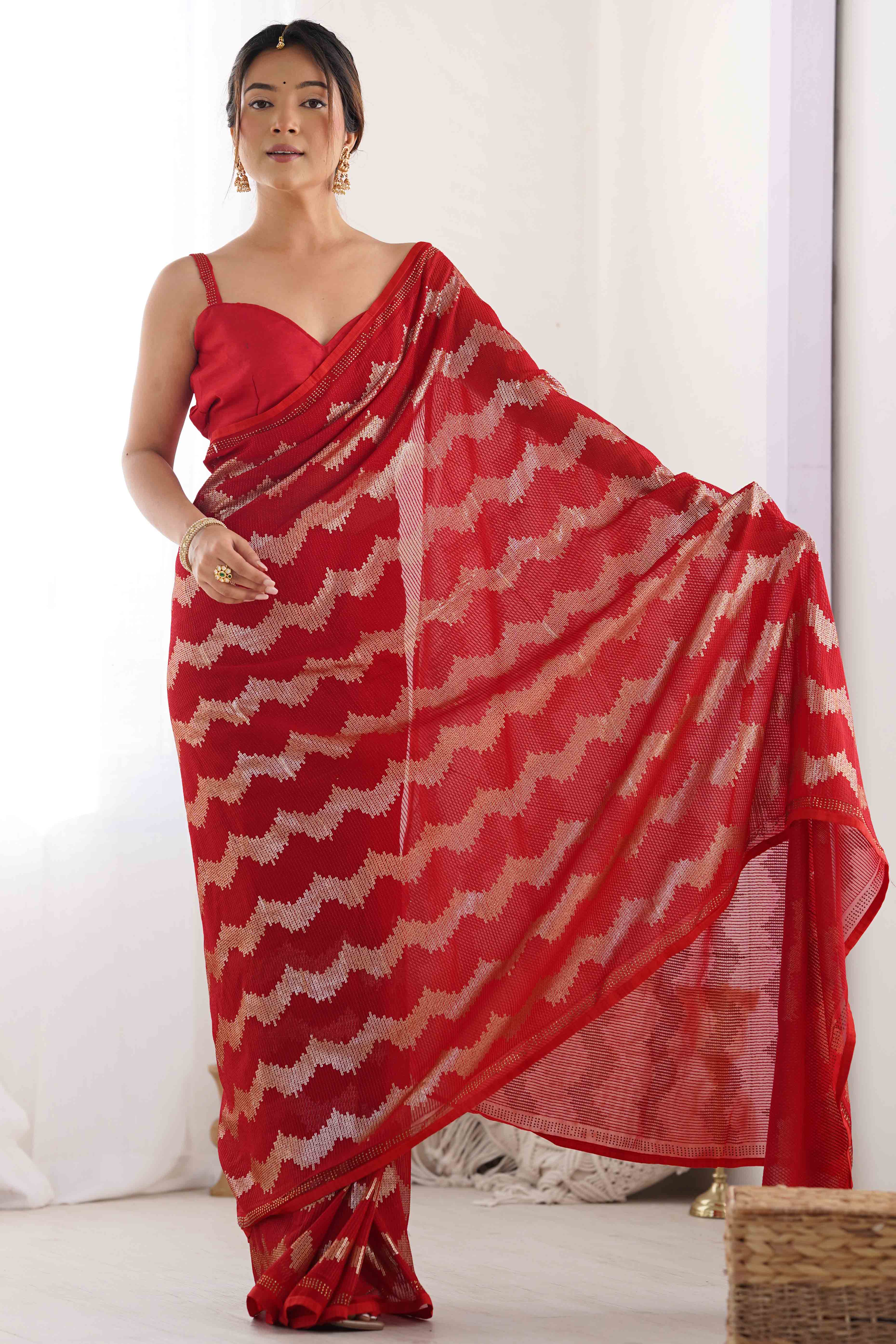 Red Sequins Embroidered Georgette Saree