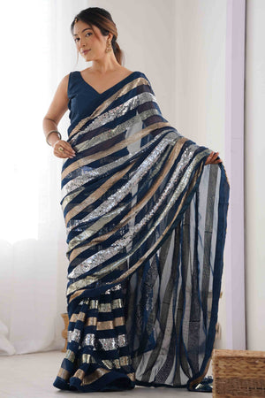 Teal Sequins Embroidered Georgette Saree