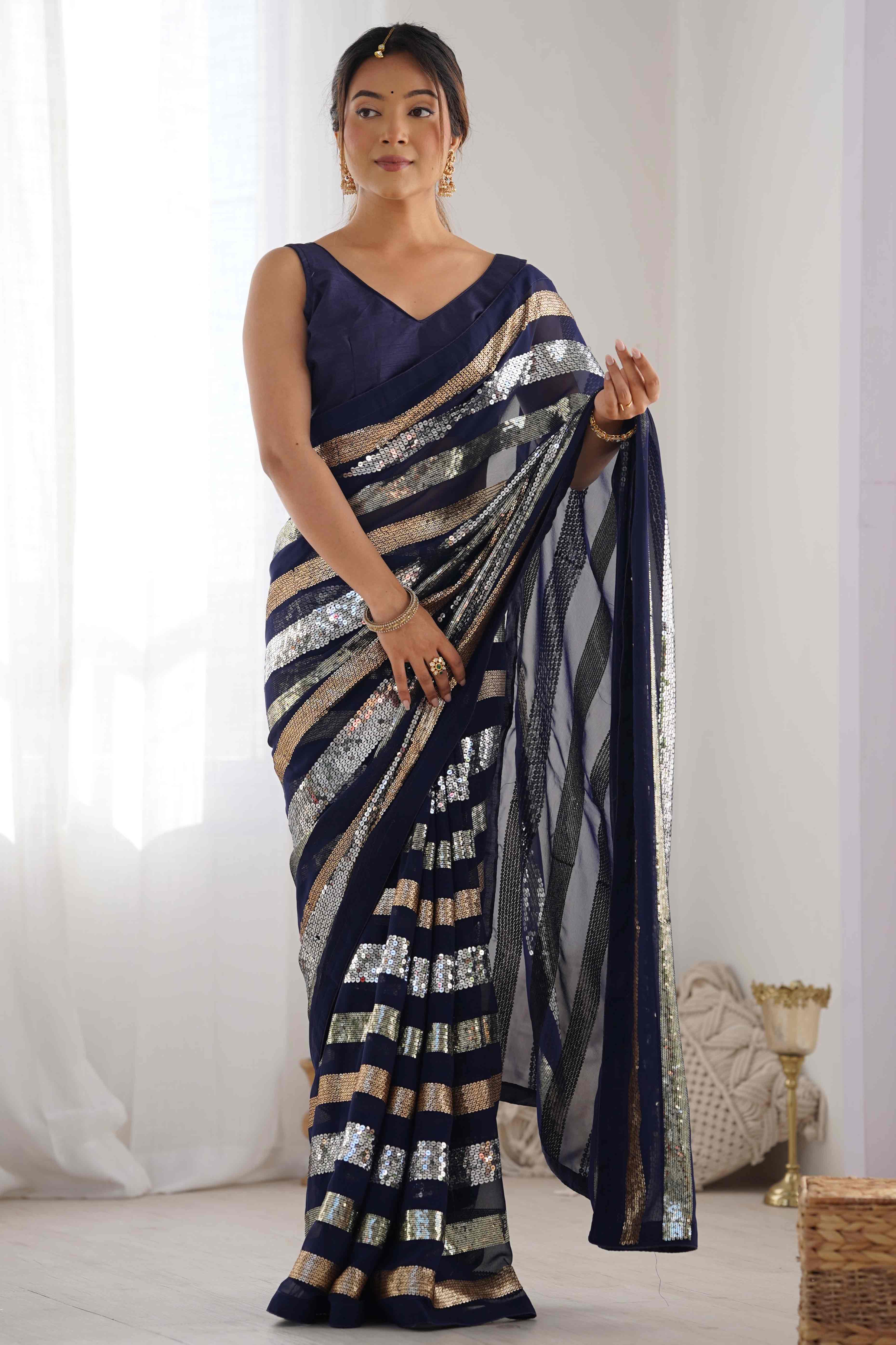 Blue Sequins Embroidered Georgette Saree