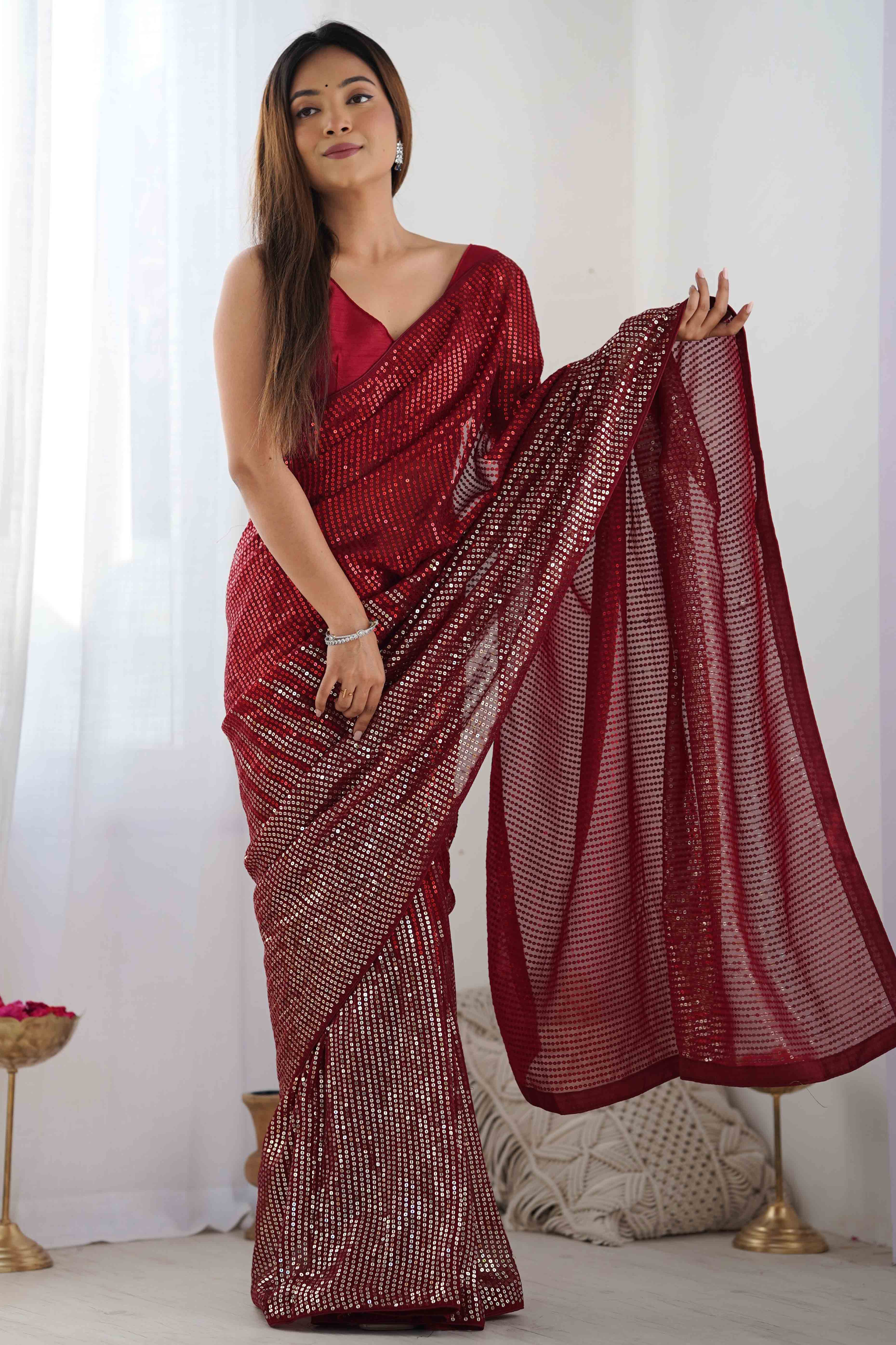 Maroon Sequins Embroidered Georgette Saree
