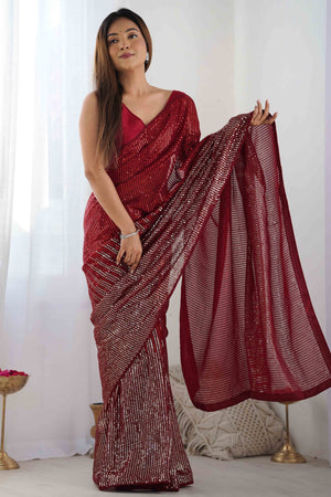 Maroon Sequins Embroidered Georgette Saree