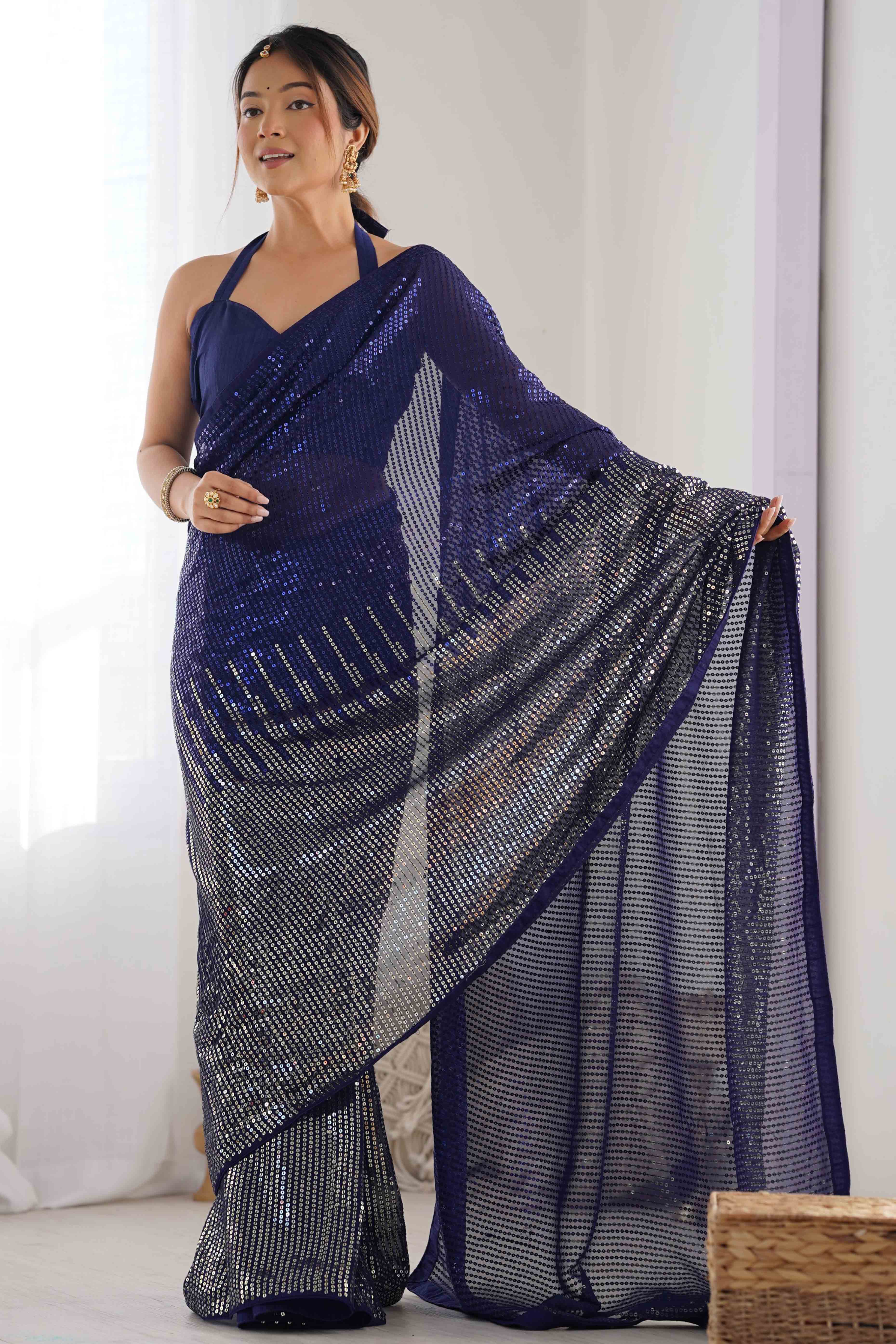 Blue Sequins Embrodered Georgette Saree