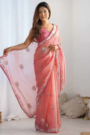 Peach Floral Embroidered Net Saree