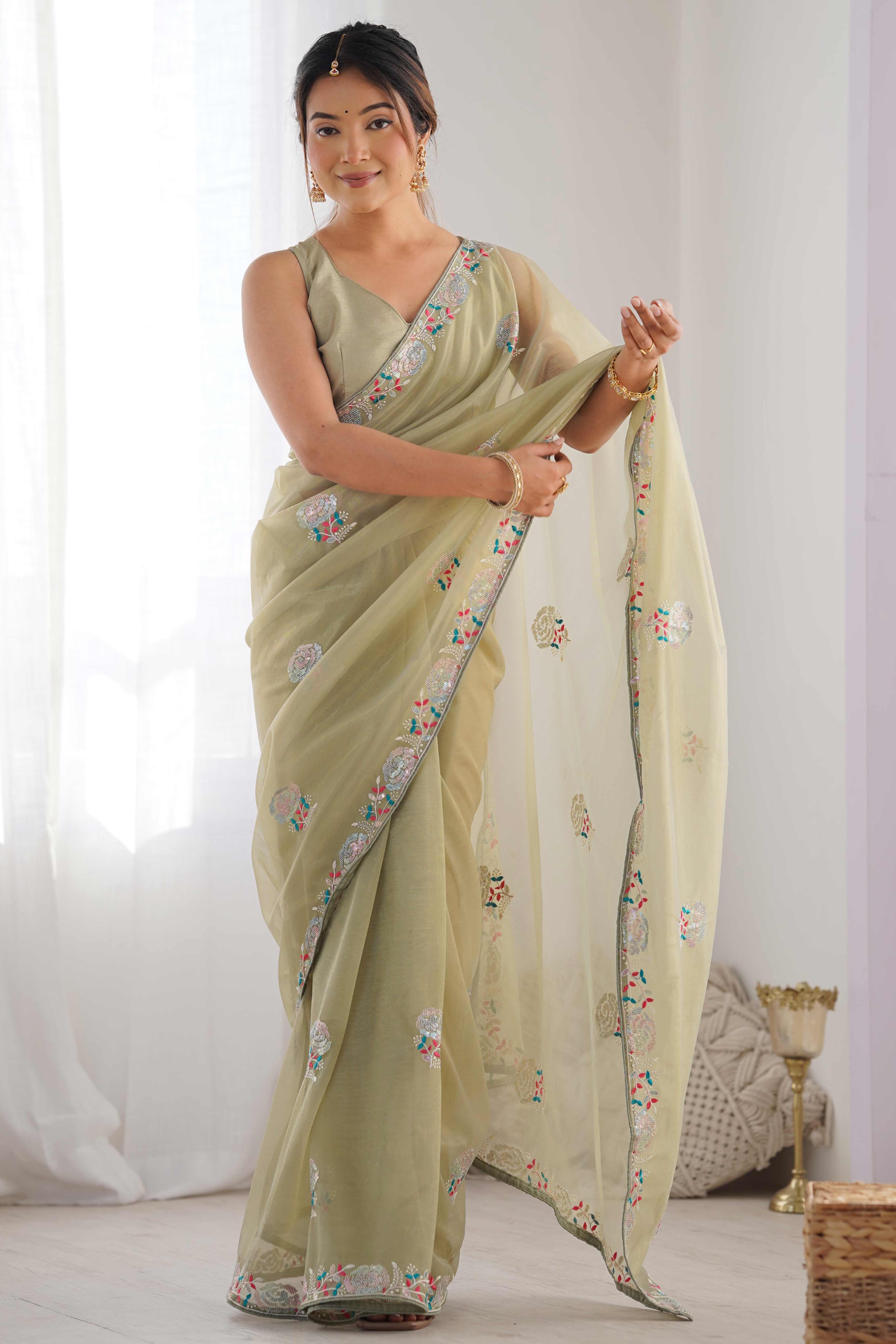 Green Floral Embroidered Net Saree