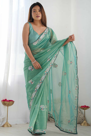 Sea Green Floral Embroidered Net Saree