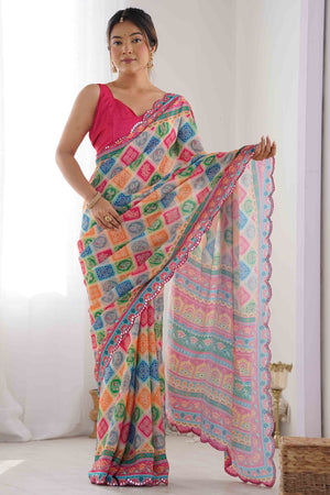 Multicolor Bandhani Printed Chinon Saree
