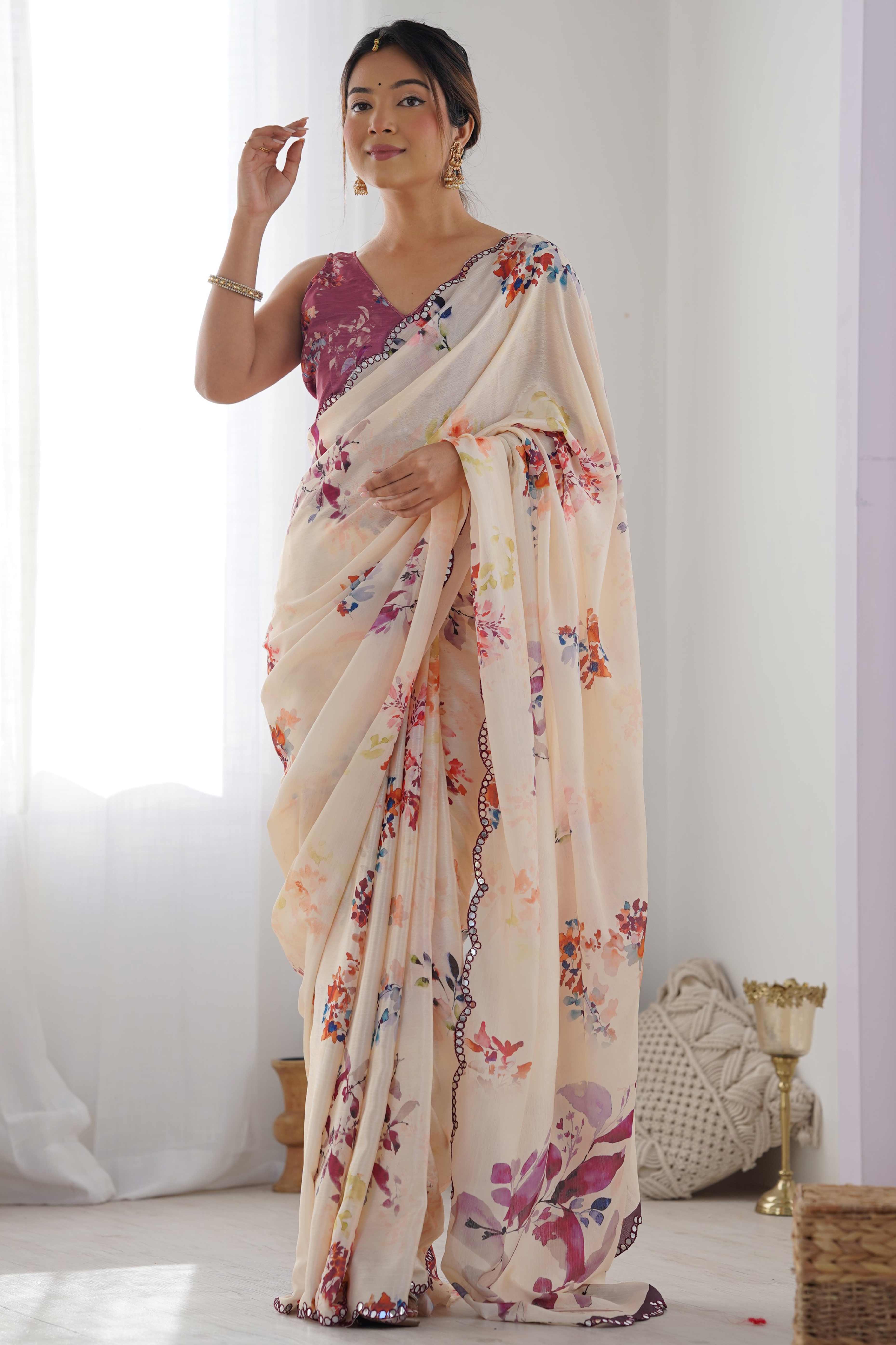 Cream Floral Printed Chinon Saree