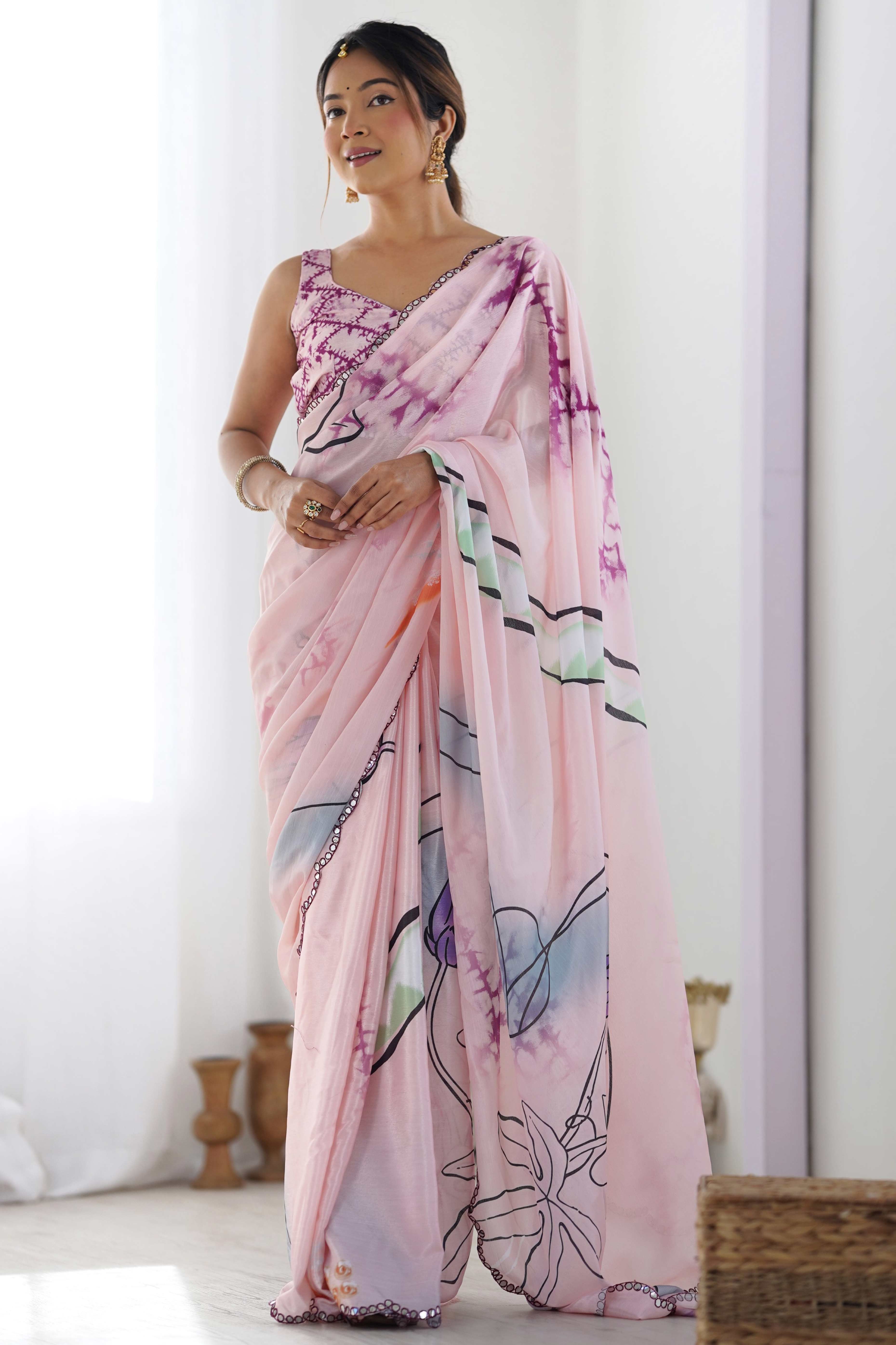 Light Pink Abstract Printed Chinon Saree