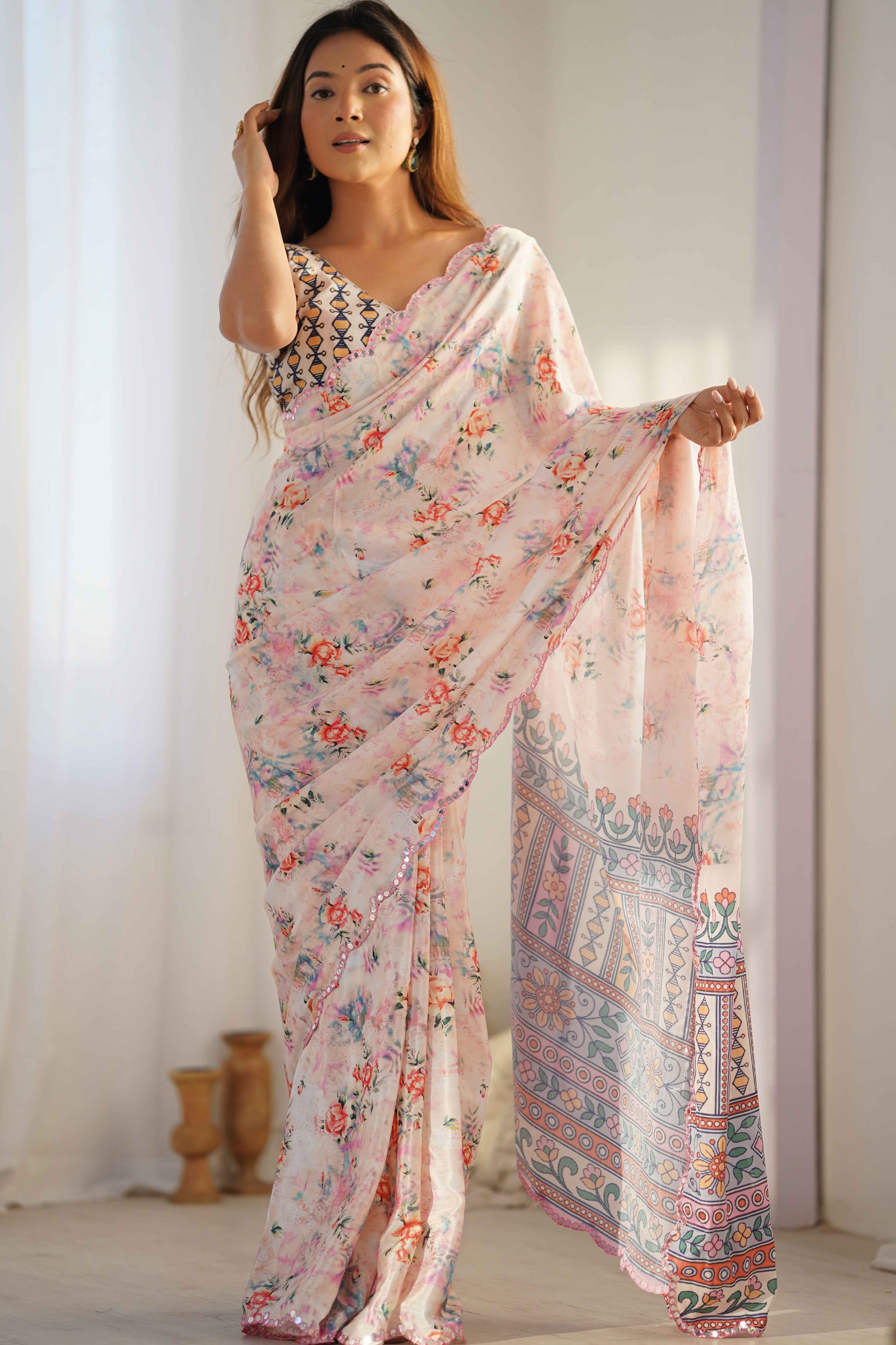 Peach Floral Printed Chinon Saree