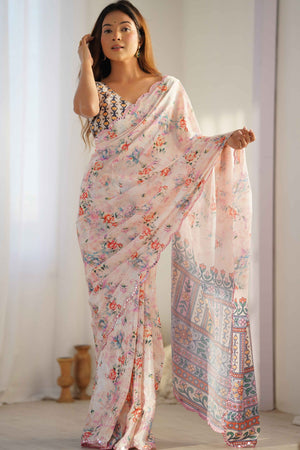 Peach Floral Printed Chinon Saree