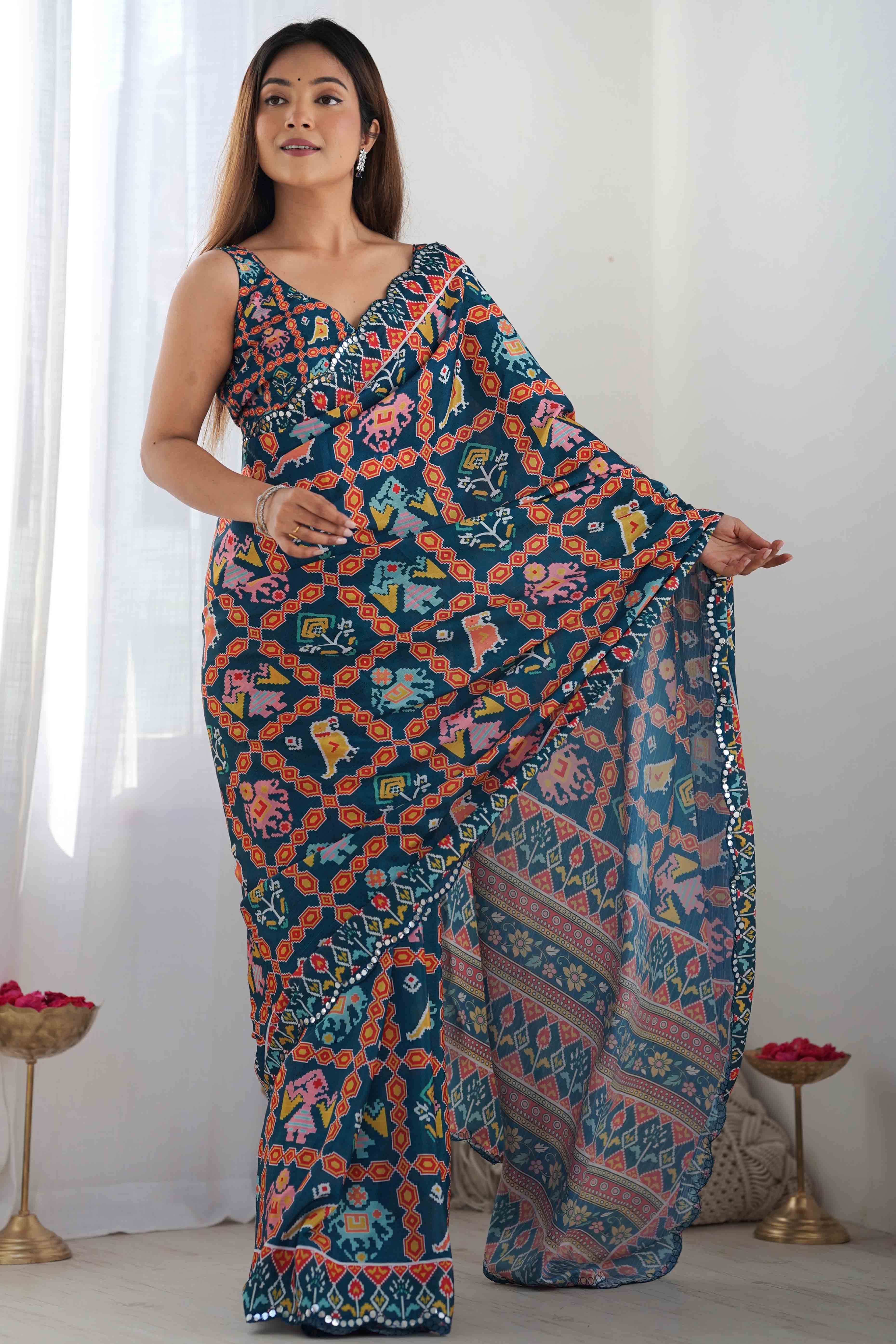 Teal Patola Printed Chinon Saree